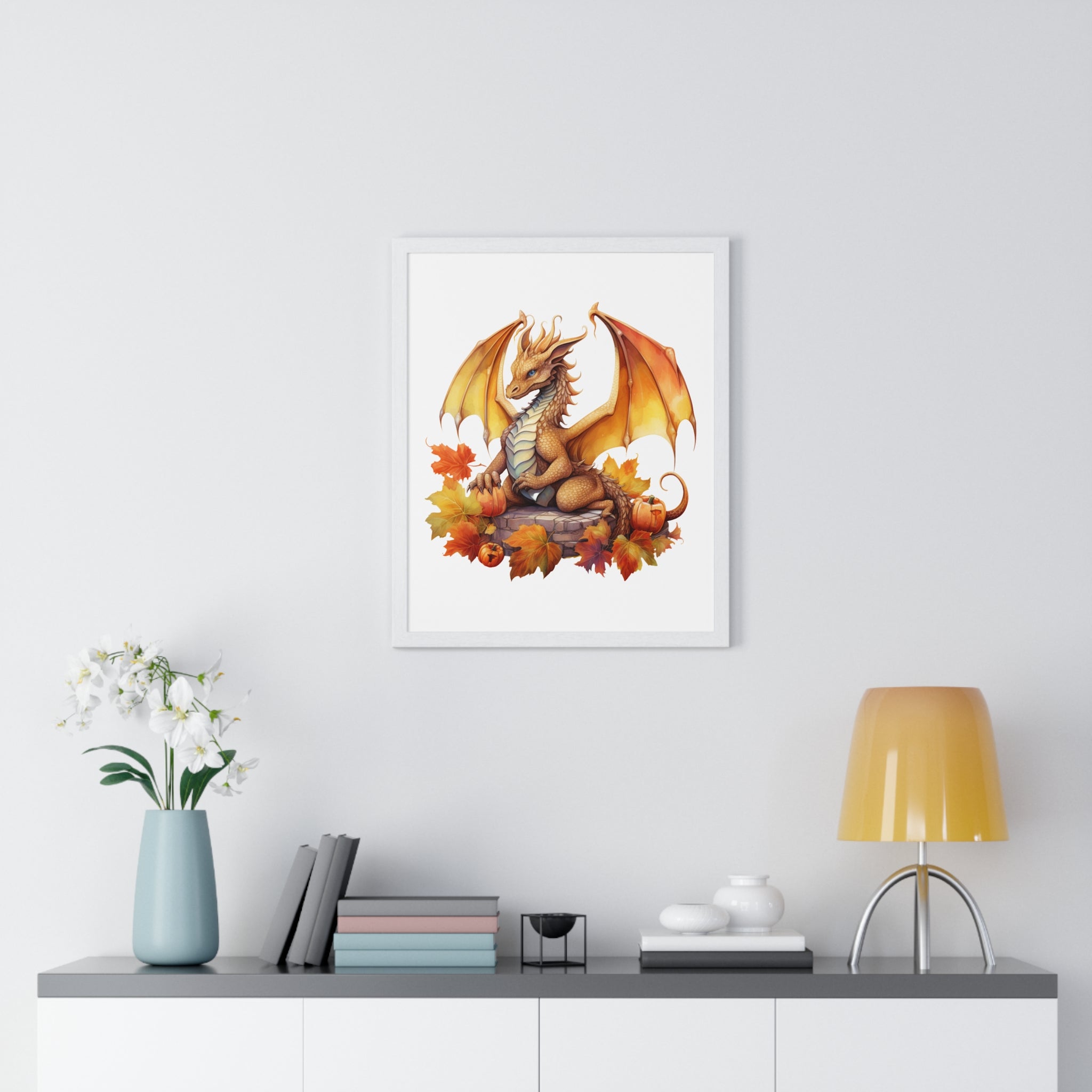 Autumn Dragon Wall Art – Fantasy Fall Decor with Pumpkins