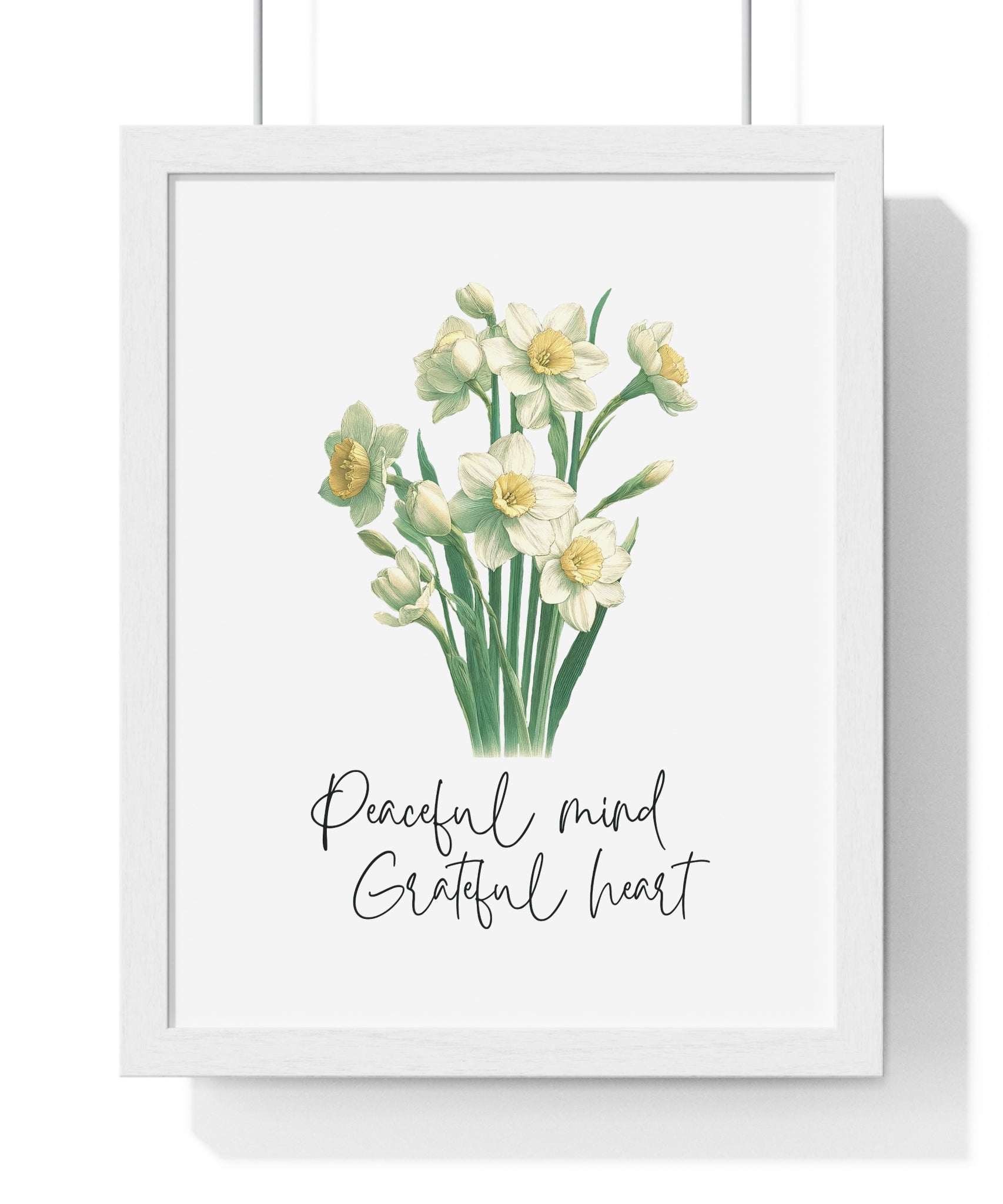 December Birth Month Flower Wall Art – Narcissus Illustration with Inspirational Quote in Wooden Frame | Peaceful Mind & Grateful Heart