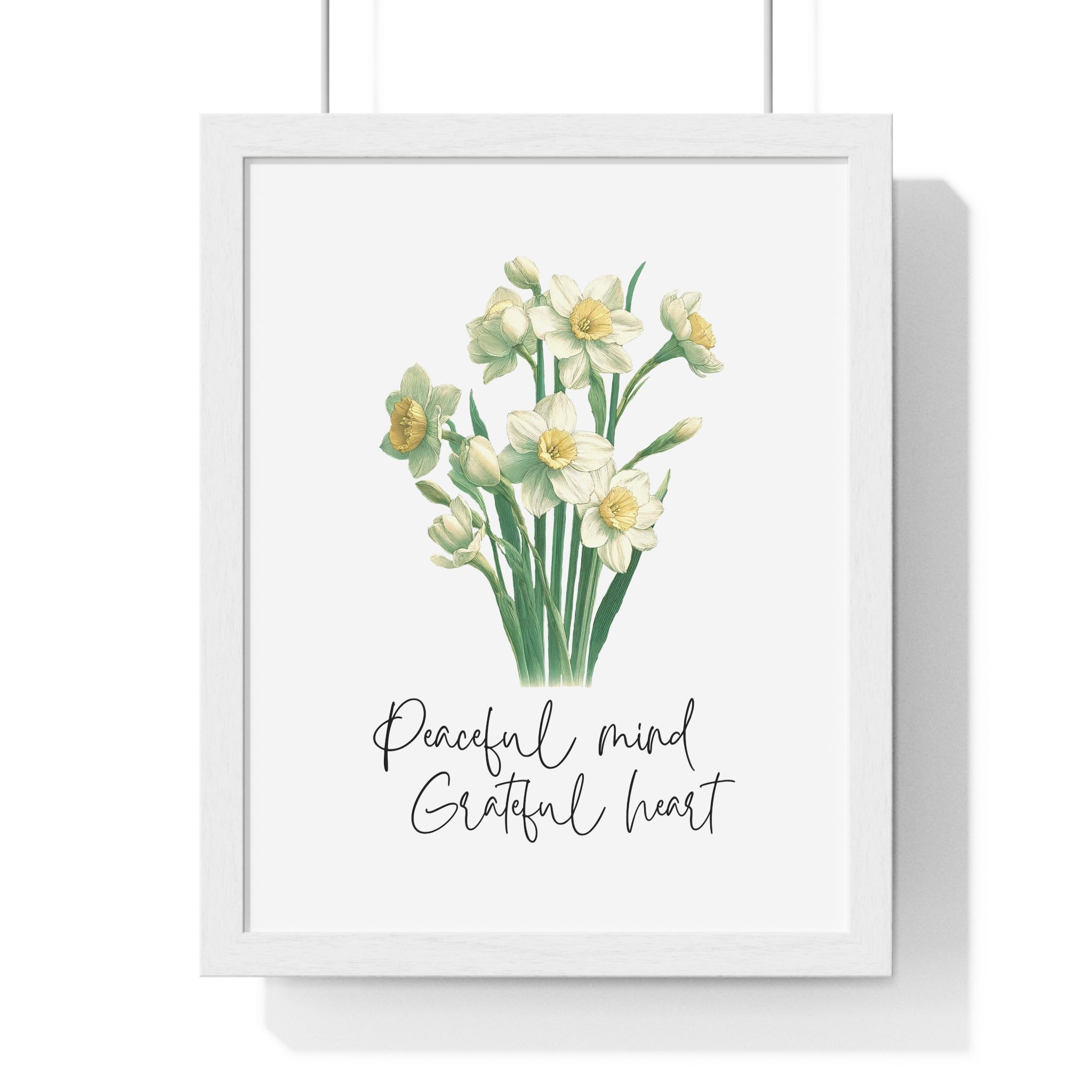 December Birth Month Flower Wall Art – Narcissus Illustration with Inspirational Quote in Wooden Frame | Peaceful Mind & Grateful Heart
