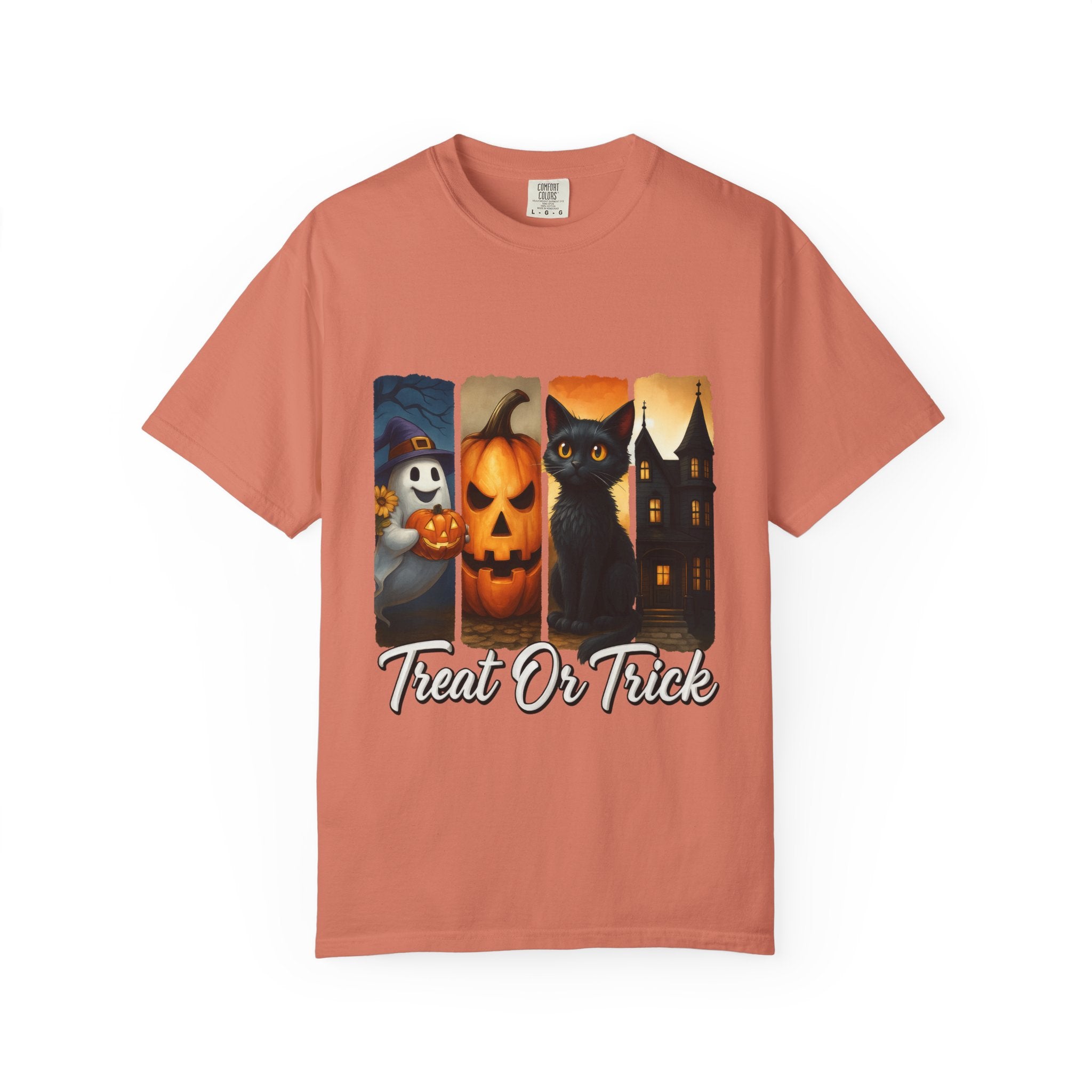Treat Or Trick Halloween T-Shirt – Cute Ghost, Pumpkin, Black Cat & Haunted House Design