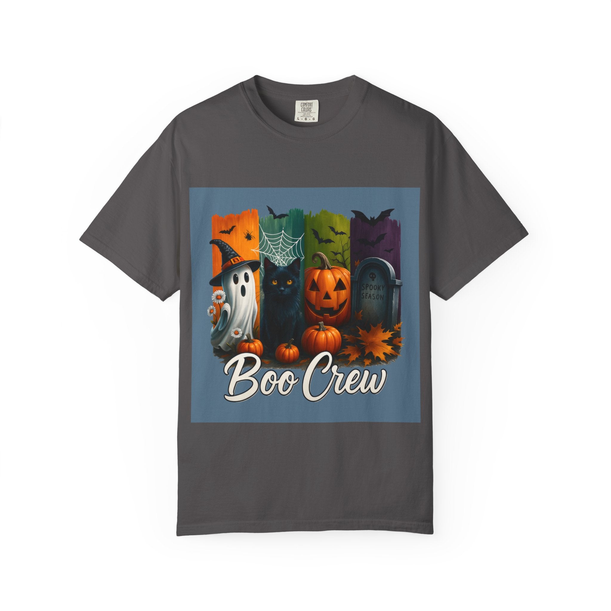 Boo Crew Halloween Unisex T-Shirt – Cute Ghost, Black Cat, Pumpkin & Tombstone Design