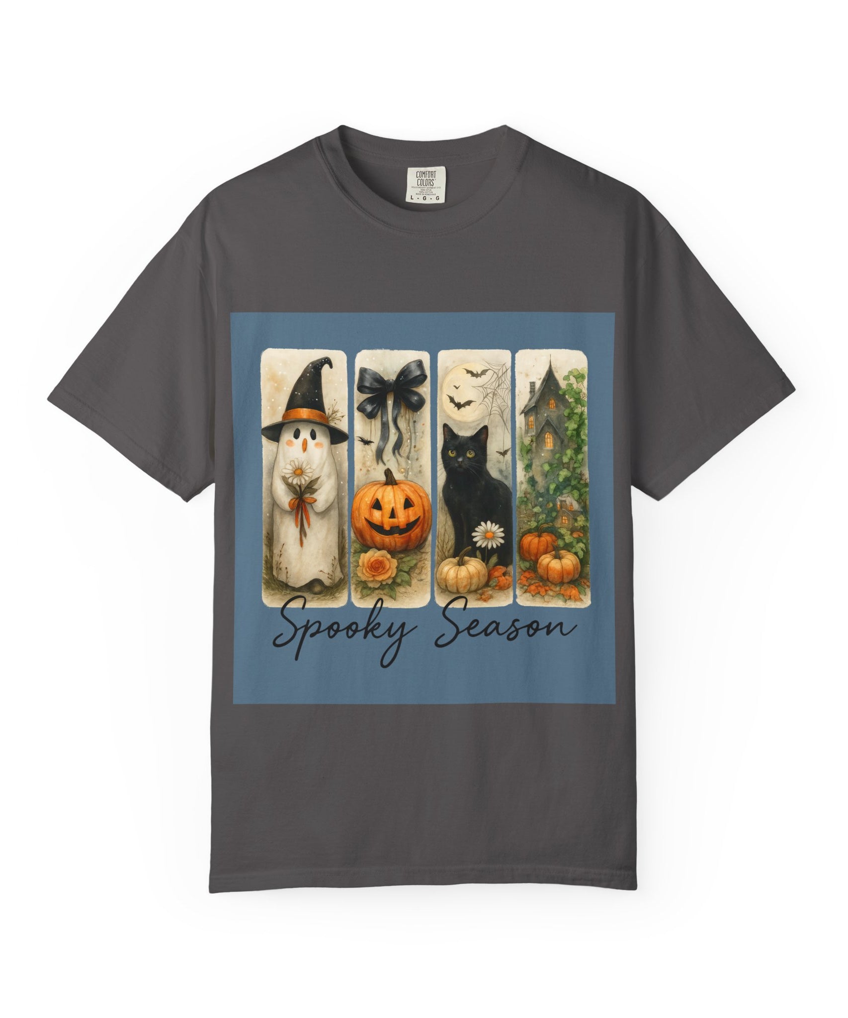 Vintage Halloween Unisex T-Shirt – Cute Ghost, Black Cat, Pumpkin & Haunted House Art - Gallory Hive