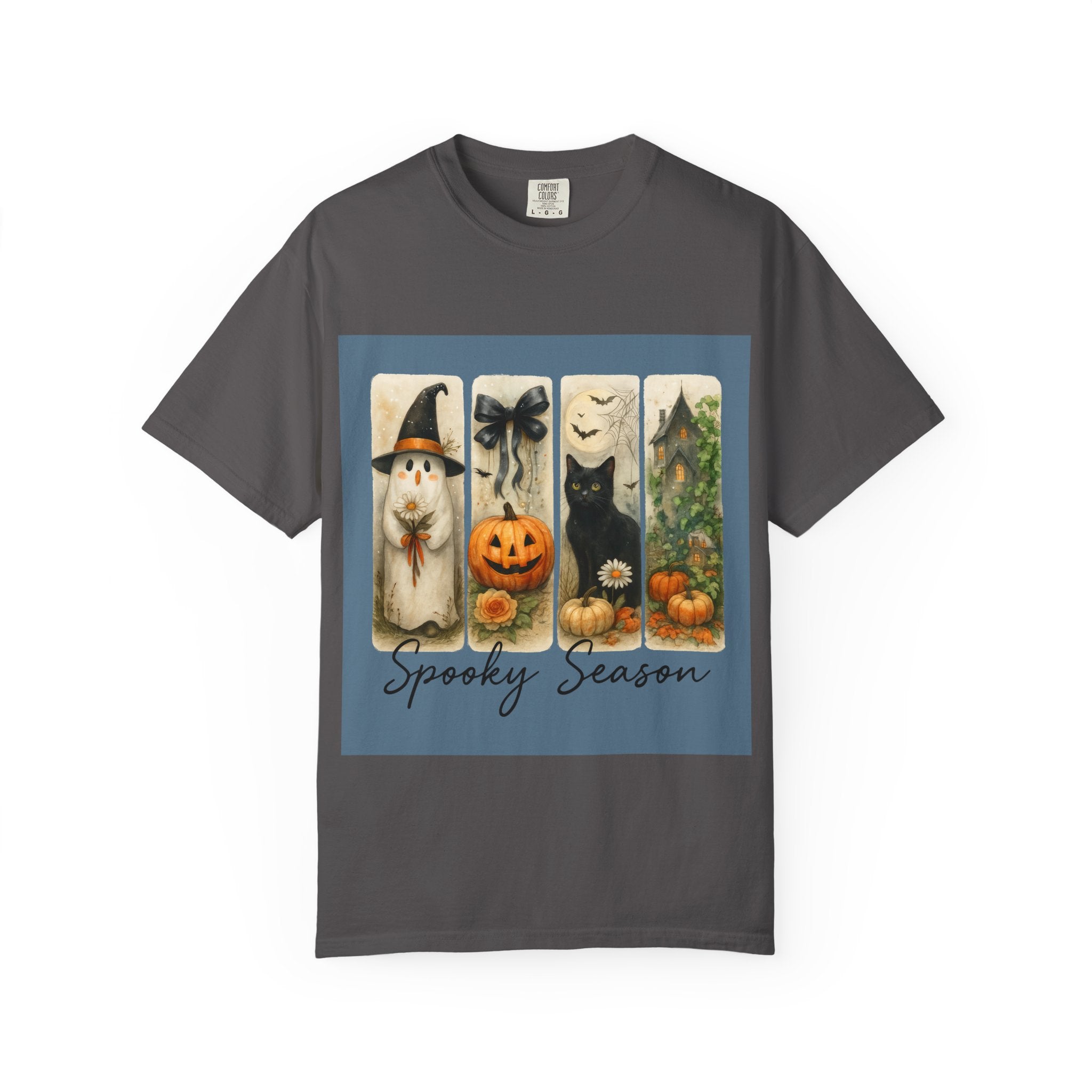 Vintage Halloween Unisex T-Shirt – Cute Ghost, Black Cat, Pumpkin & Haunted House Art