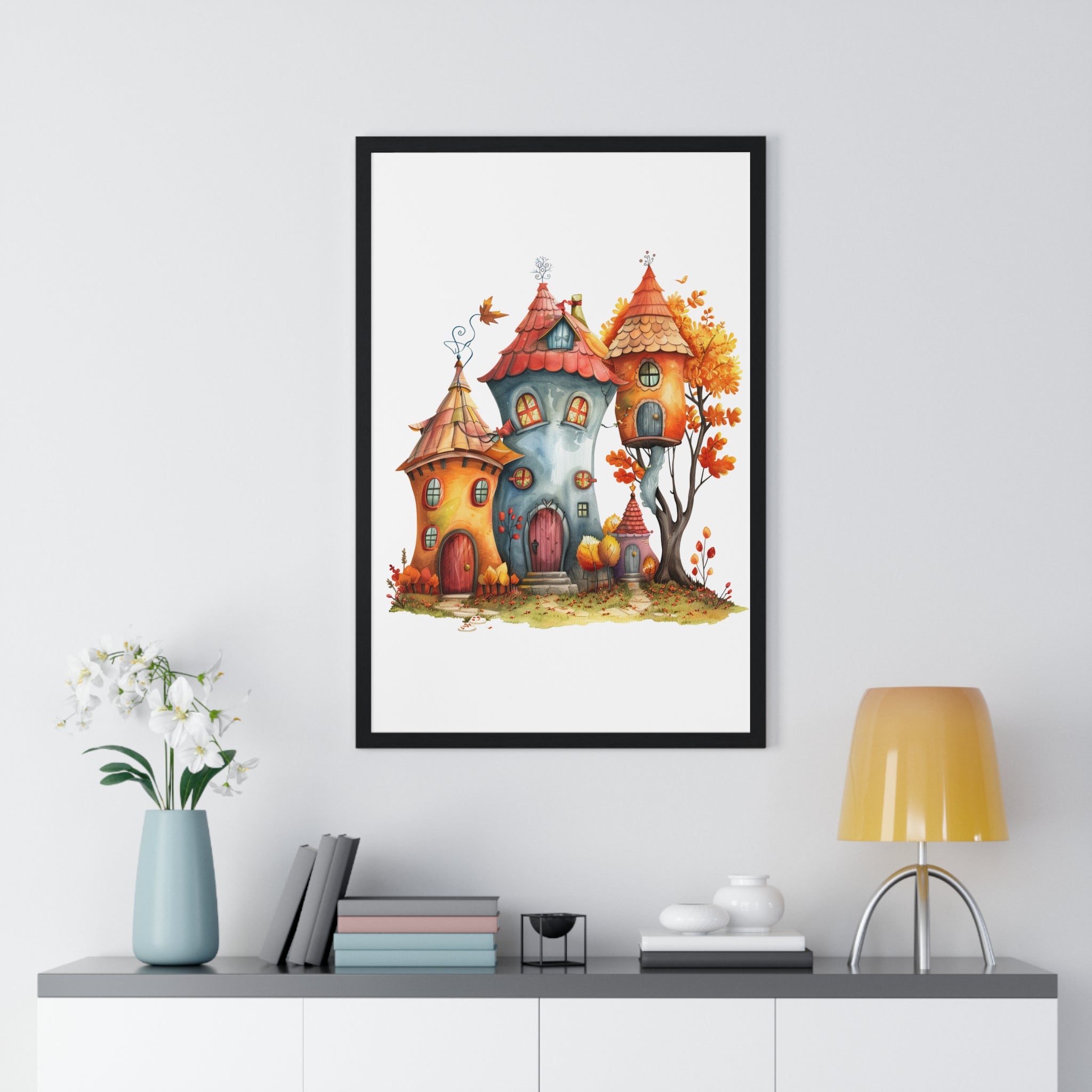 Whimsical Autumn Village – Framed Wooden Wall Art