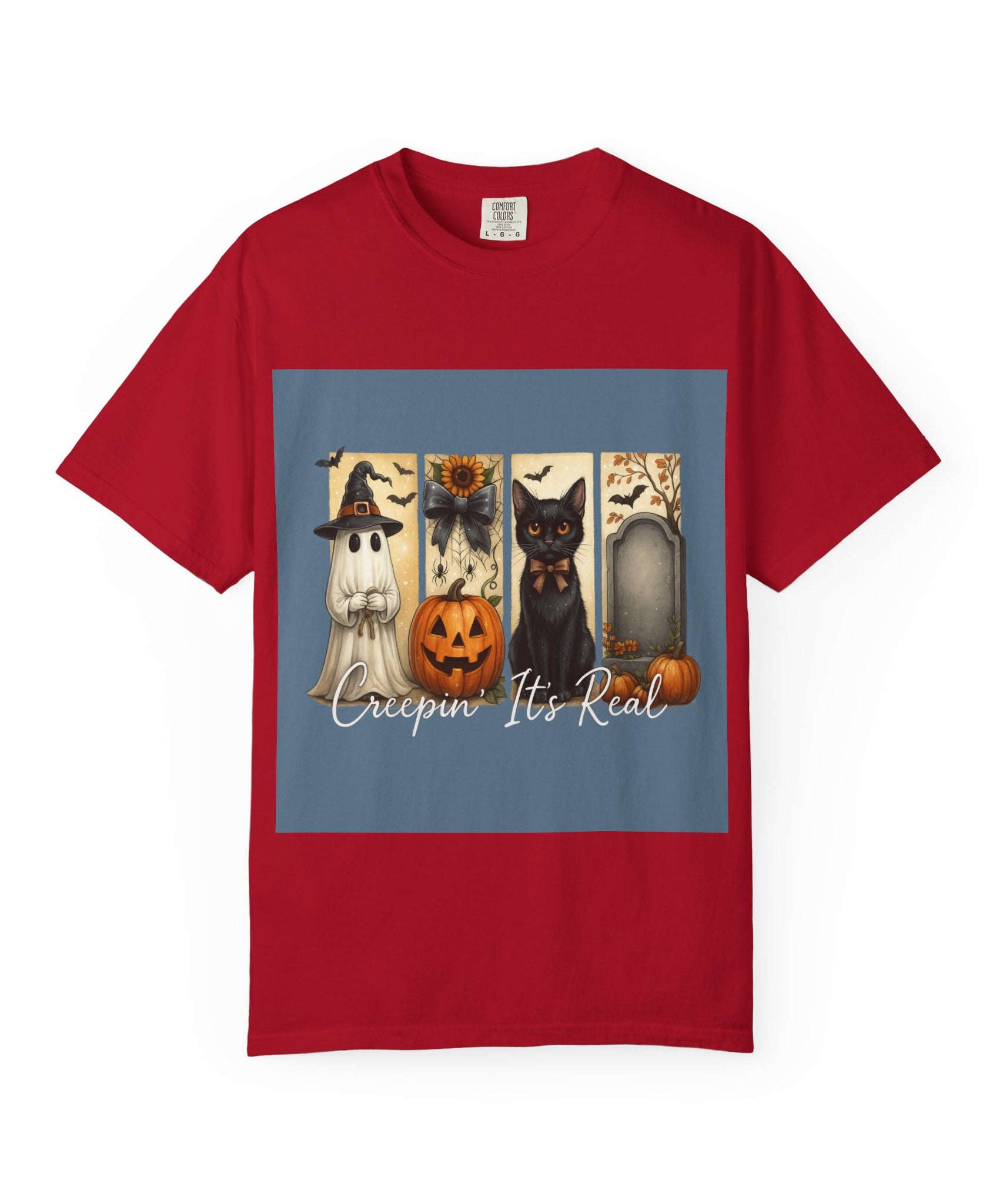 Creepin’ It’s Real Halloween T-Shirt – Cute Ghost, Pumpkin, Black Cat & Tombstone Design - Gallory Hive