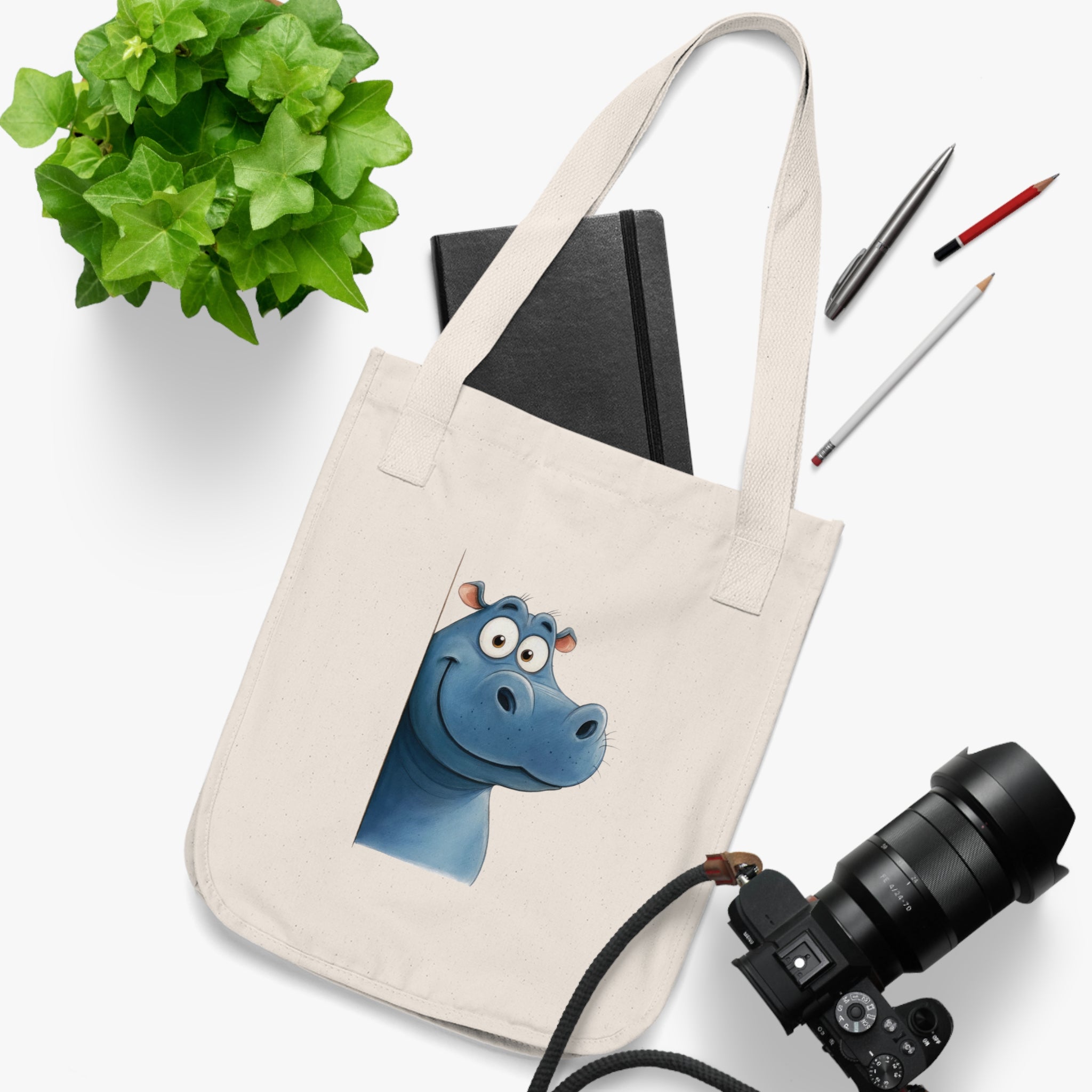 Whimsical Hippo Organic Canvas Tote Bag, Eco-Friendly Shopping Bag, Cute Animal Tote, Summer Outing Bag, Gift for Animal Lovers - Gallory Hive