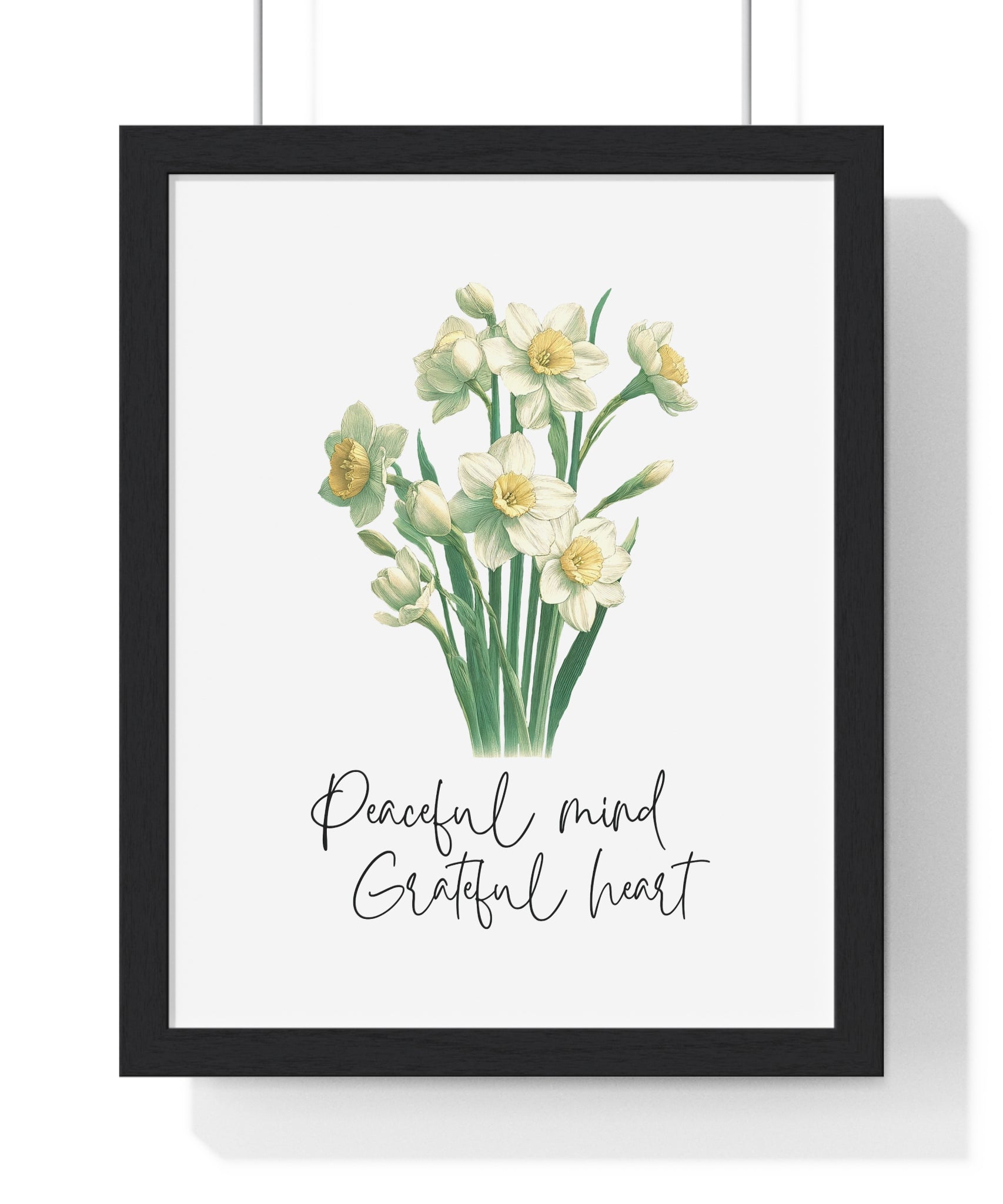 December Birth Month Flower Wall Art – Narcissus Illustration with Inspirational Quote in Wooden Frame | Peaceful Mind & Grateful Heart