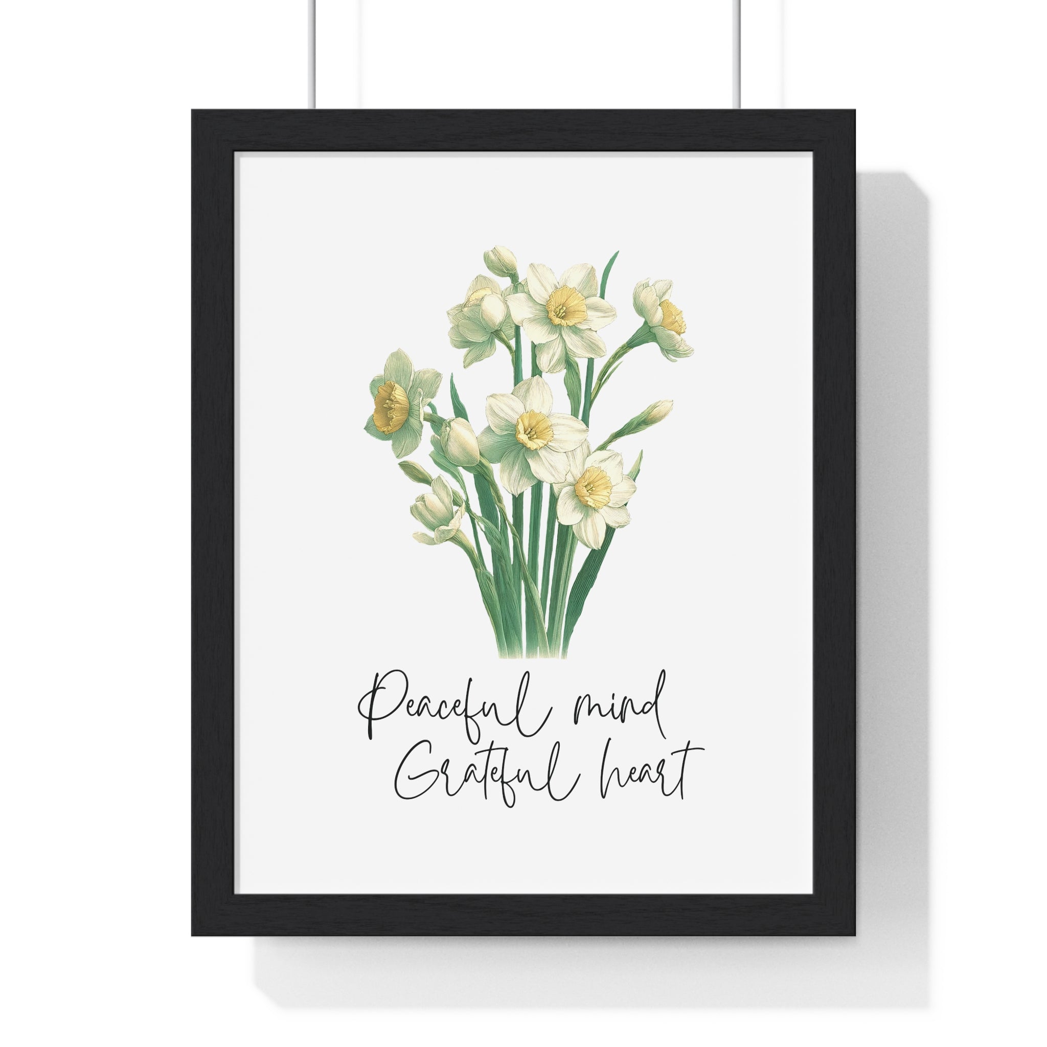 December Birth Month Flower Wall Art – Narcissus Illustration with Inspirational Quote in Wooden Frame | Peaceful Mind & Grateful Heart
