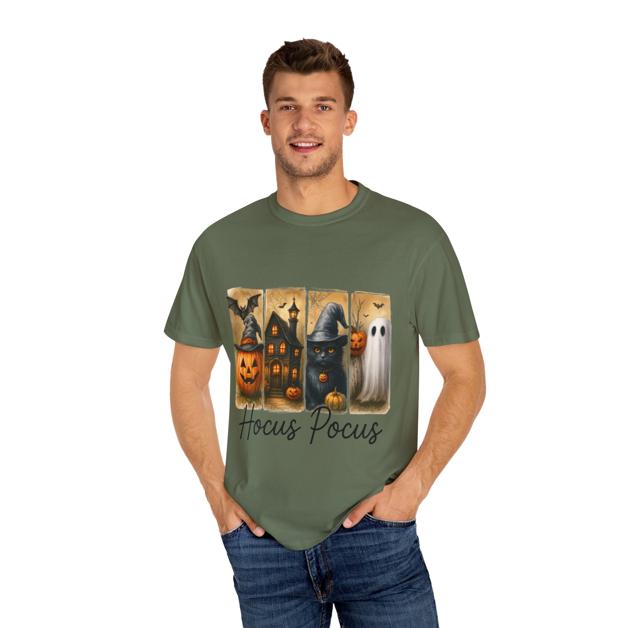 Hocus Pocus Halloween Unisex T-Shirt – Witchy Cat, Haunted House, Pumpkin & Ghost Art