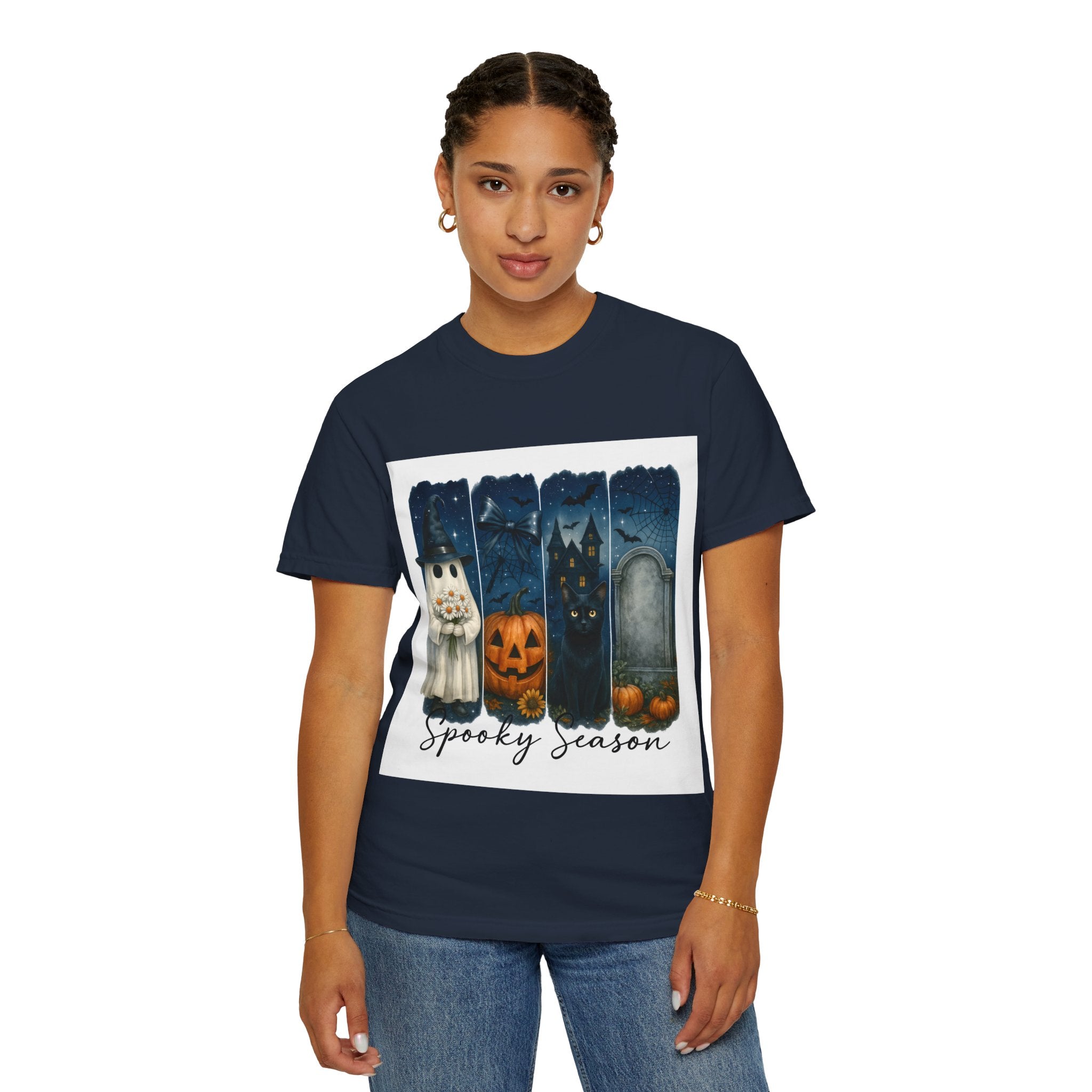 Spooky Season Halloween T-Shirt – Ghost, Black Cat, Pumpkin & Haunted House Design