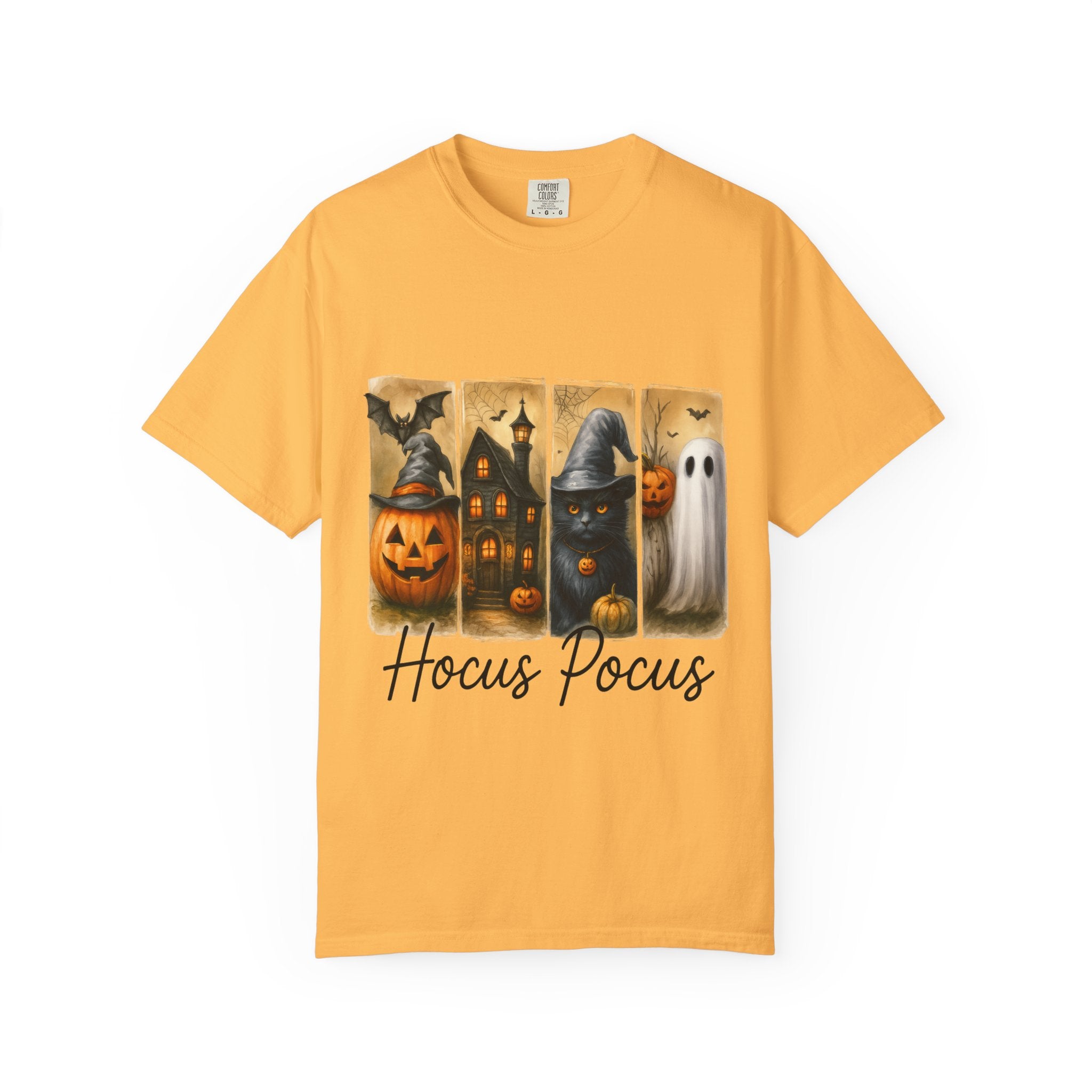 Hocus Pocus Halloween Unisex T-Shirt – Witchy Cat, Haunted House, Pumpkin & Ghost Art