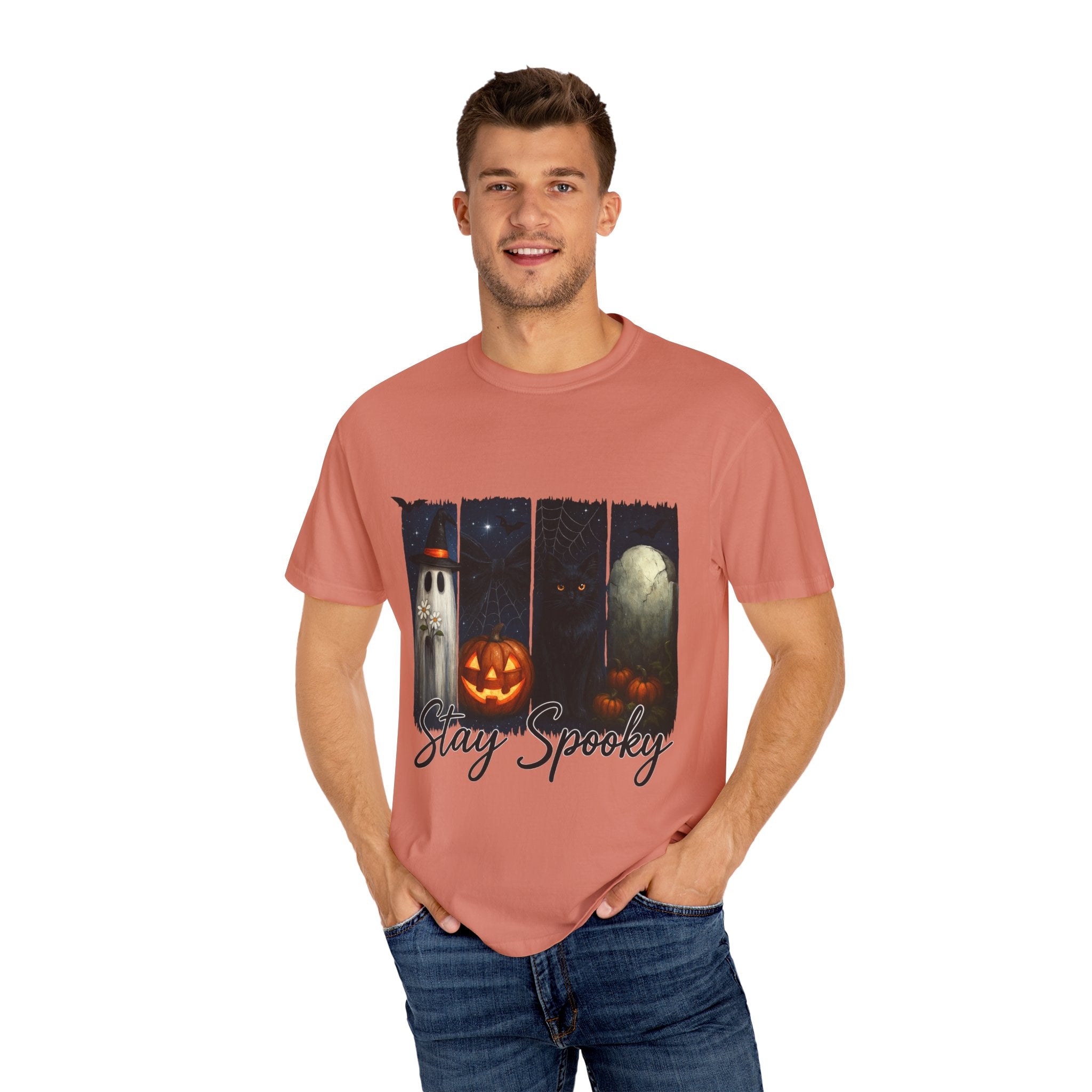 Stay Spooky Halloween T-Shirt – Cute Ghost, Black Cat, Pumpkin & Graveyard Design