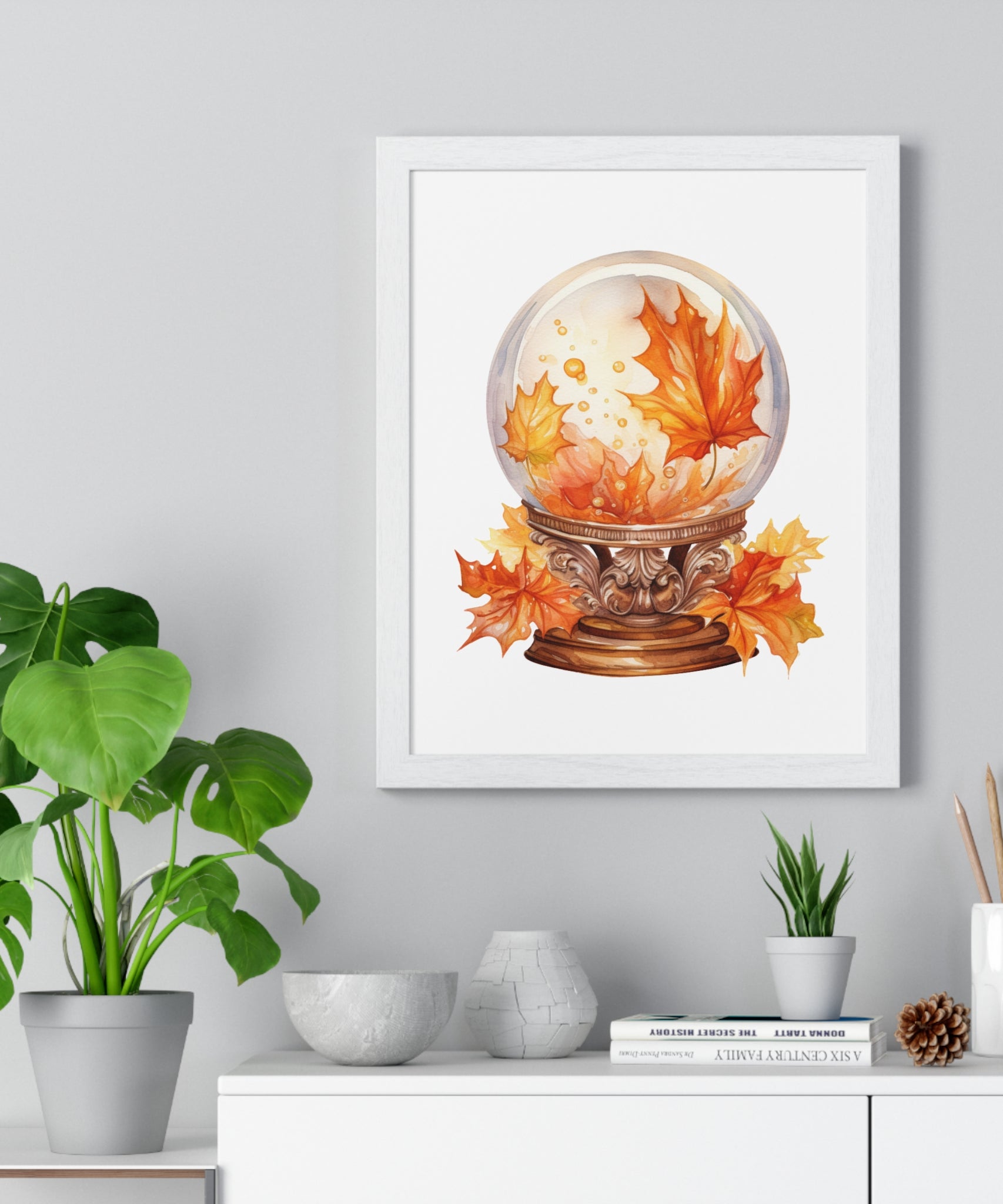 Floating Leaves Snow Globe Wall Art – Ornate Autumn Fantasy Poster | Wooden Frame Seasonal Home Decor