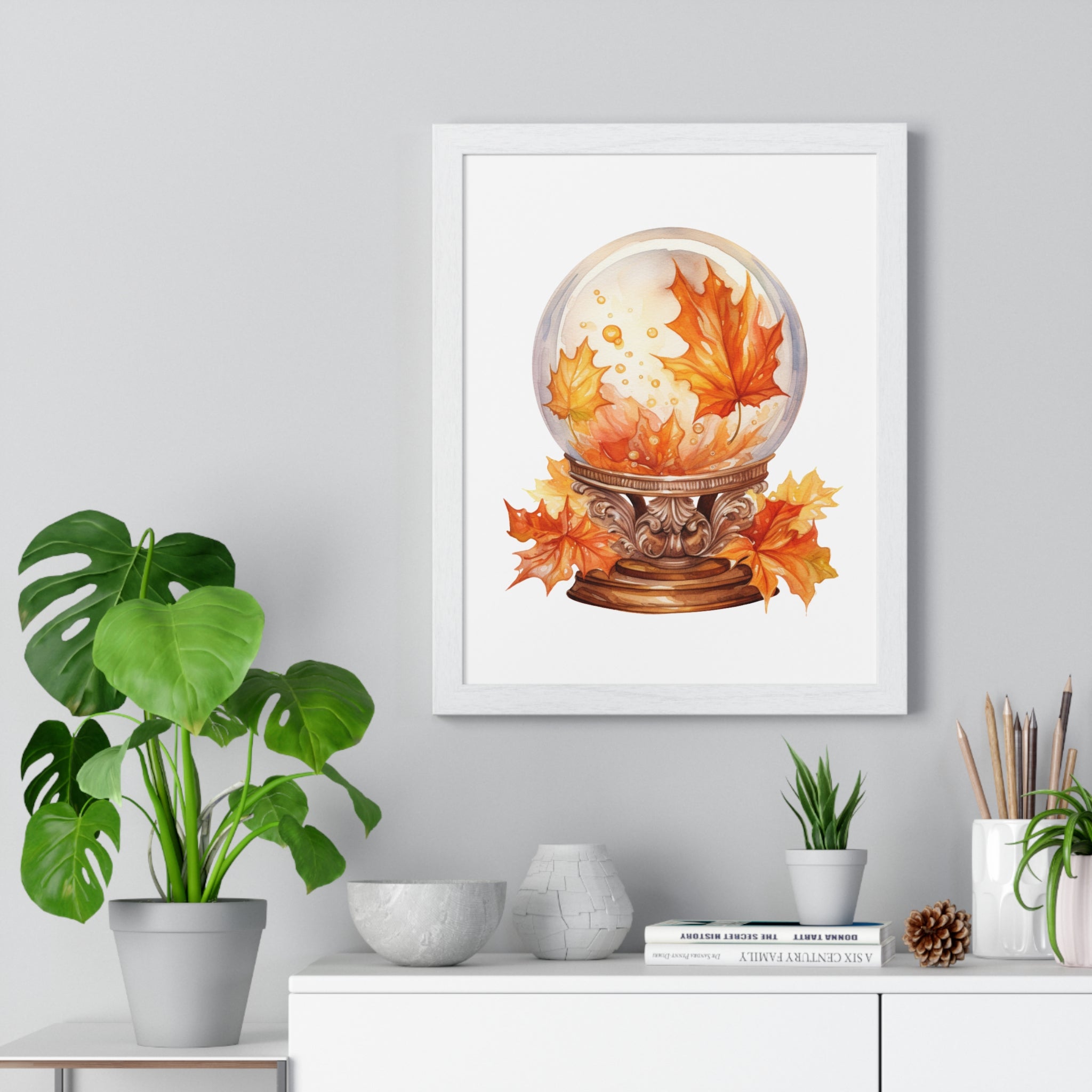 Floating Leaves Snow Globe Wall Art – Ornate Autumn Fantasy Poster | Wooden Frame Seasonal Home Decor