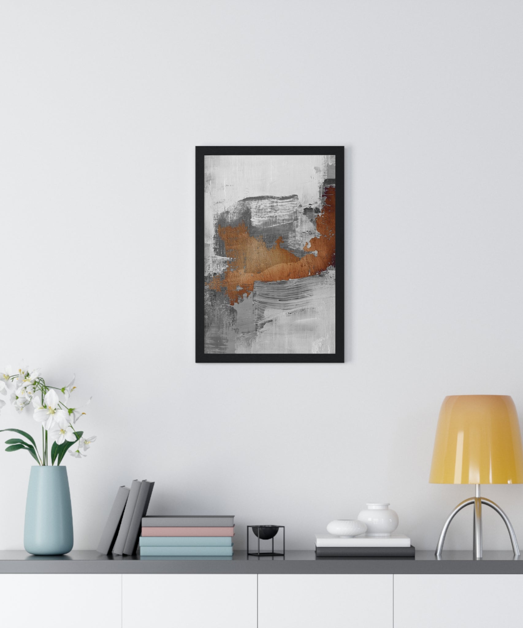 Textured Abstract Wall Art – Grey, Copper & White Modern Brushstroke Poster on Wooden Frame