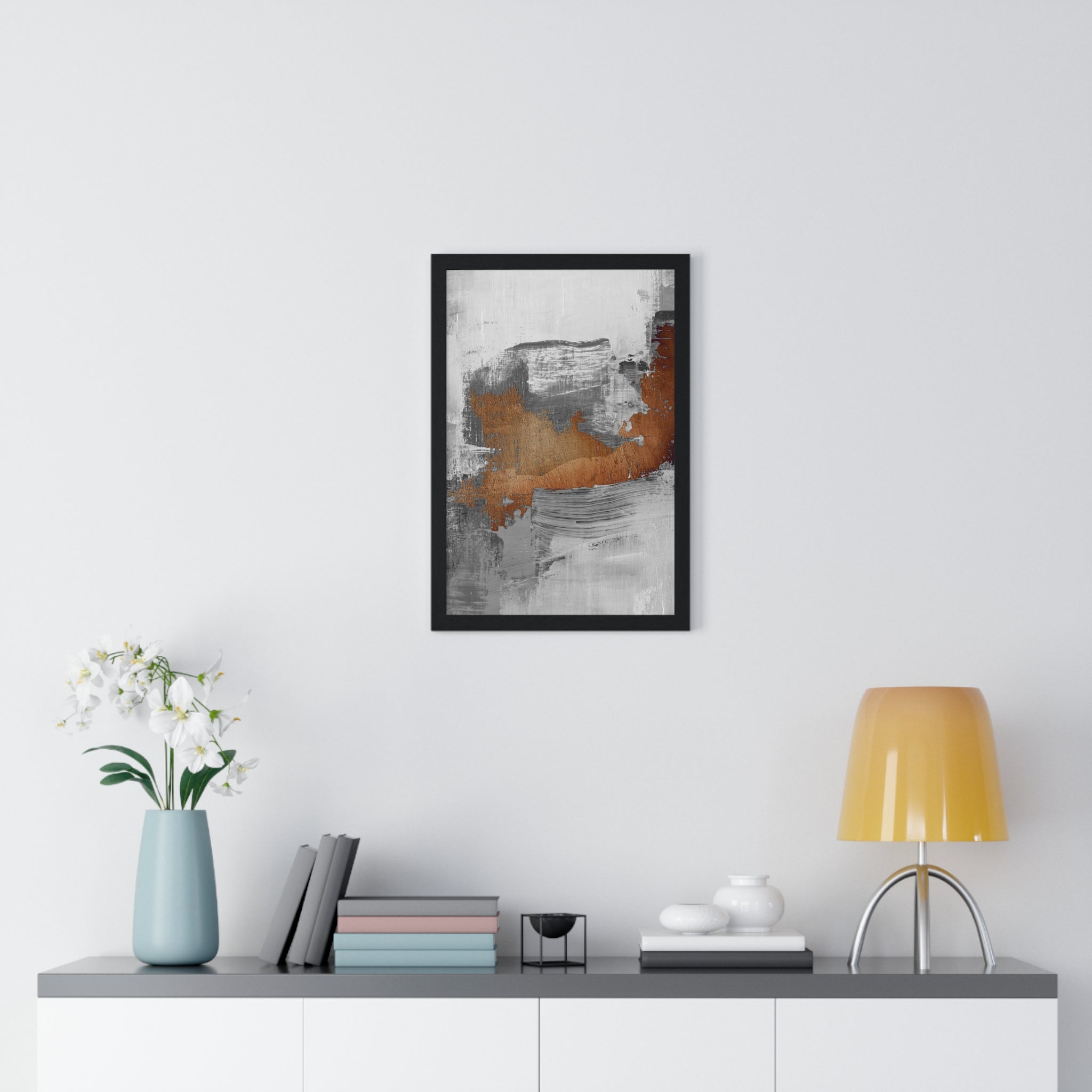Textured Abstract Wall Art – Grey, Copper & White Modern Brushstroke Poster on Wooden Frame