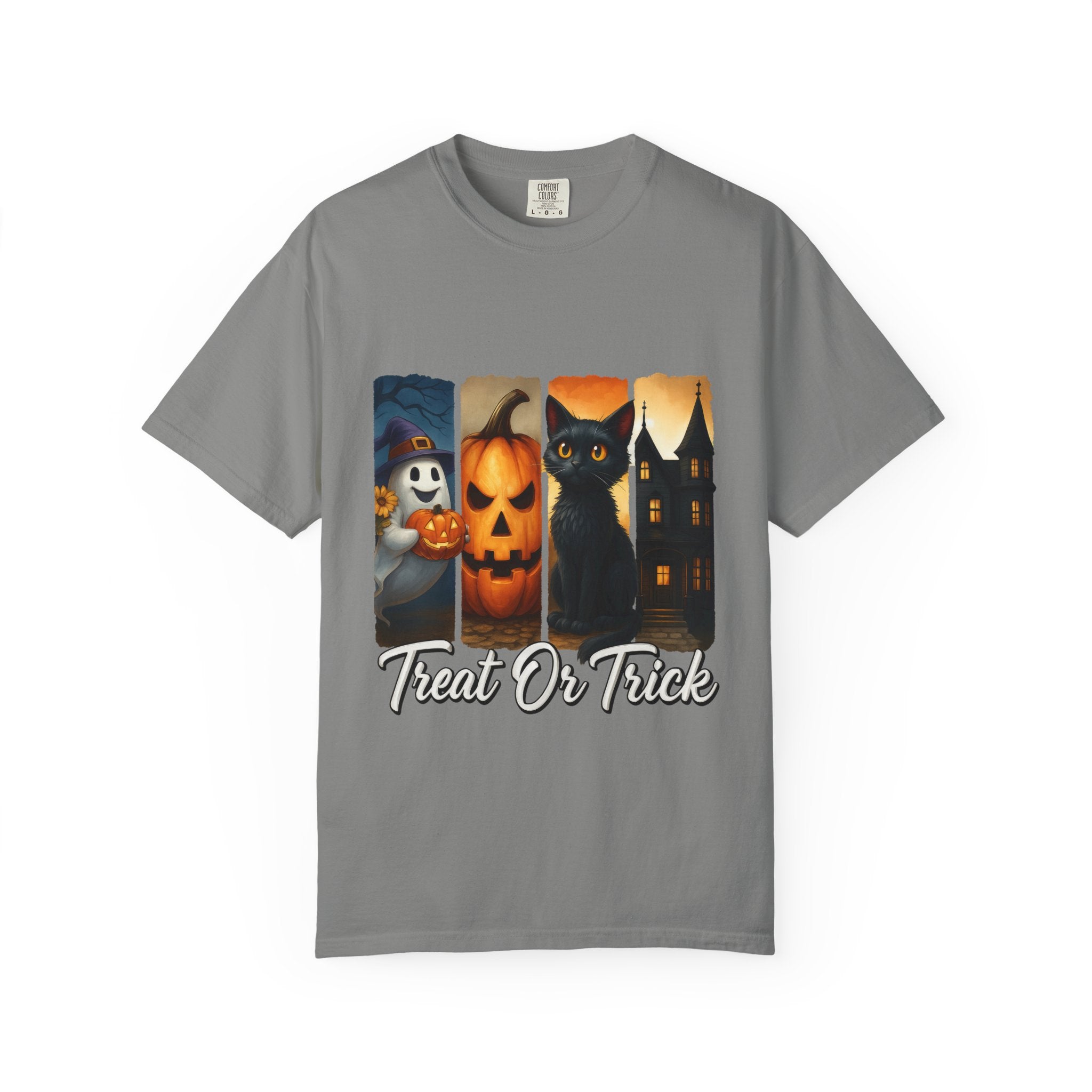 Treat Or Trick Halloween T-Shirt – Cute Ghost, Pumpkin, Black Cat & Haunted House Design - Gallory Hive