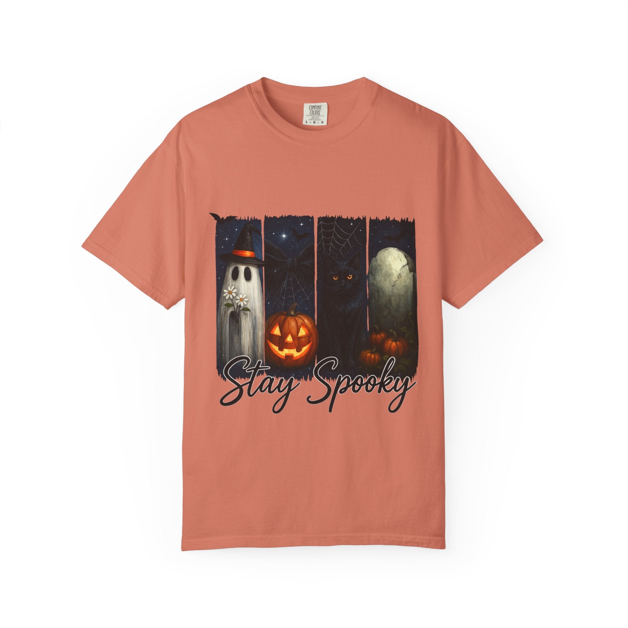 Stay Spooky Halloween T-Shirt – Cute Ghost, Black Cat, Pumpkin & Graveyard Design