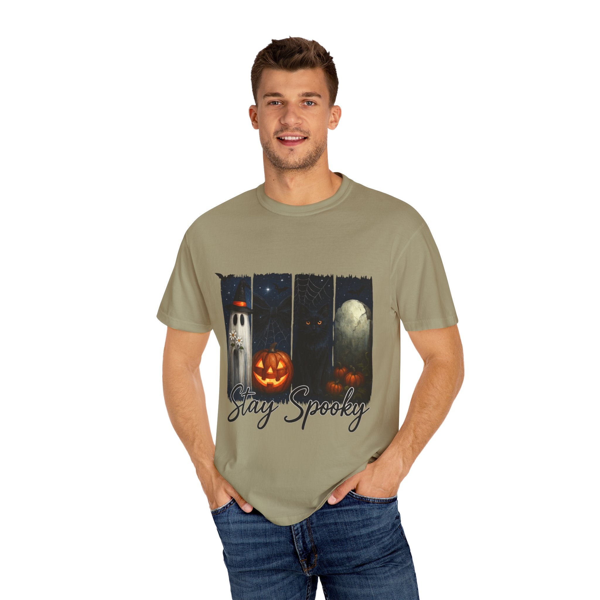 Stay Spooky Halloween T-Shirt – Cute Ghost, Black Cat, Pumpkin & Graveyard Design