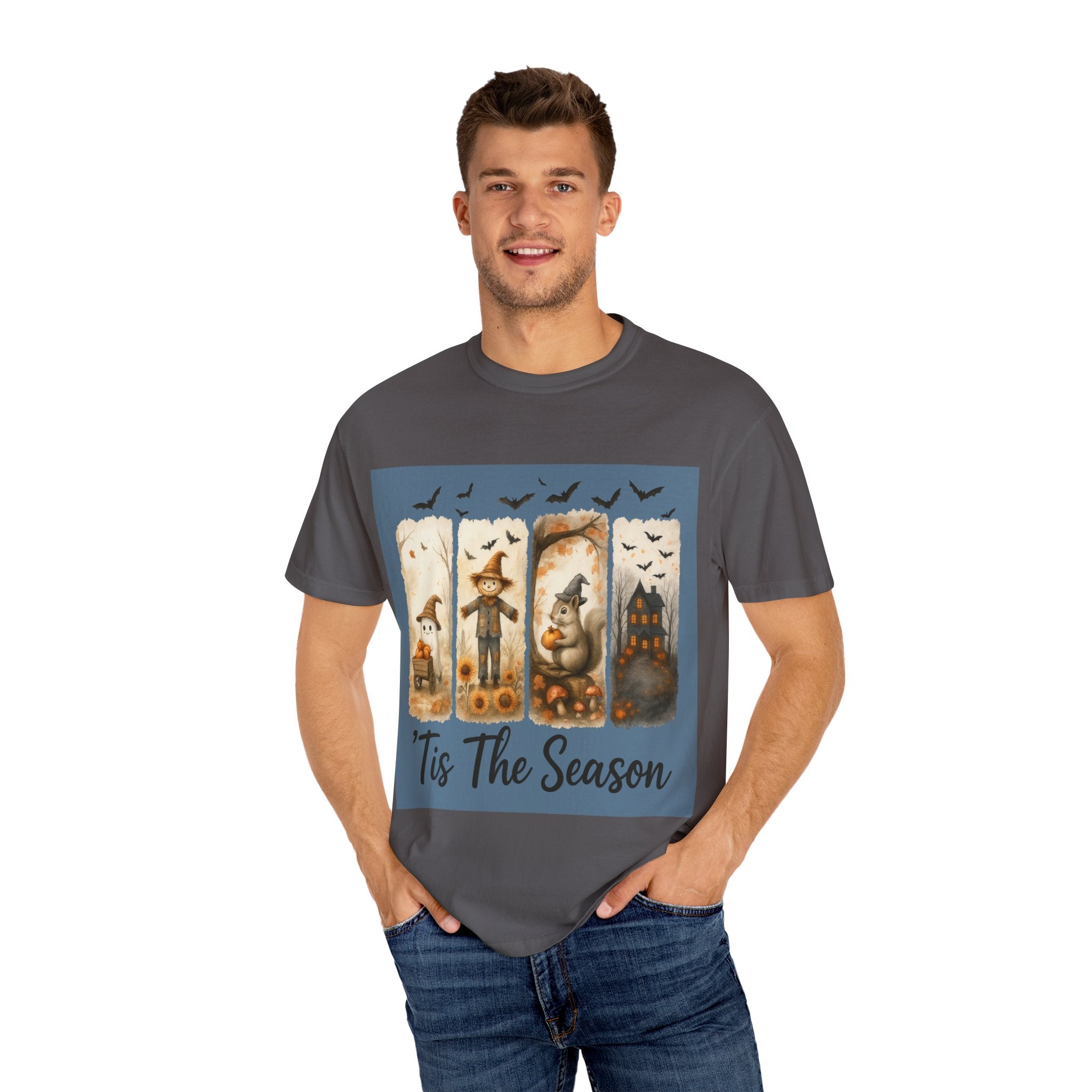 Tis The Season Fall Halloween T-Shirt – Cute Ghost, Scarecrow, Squirrel & Haunted House Design