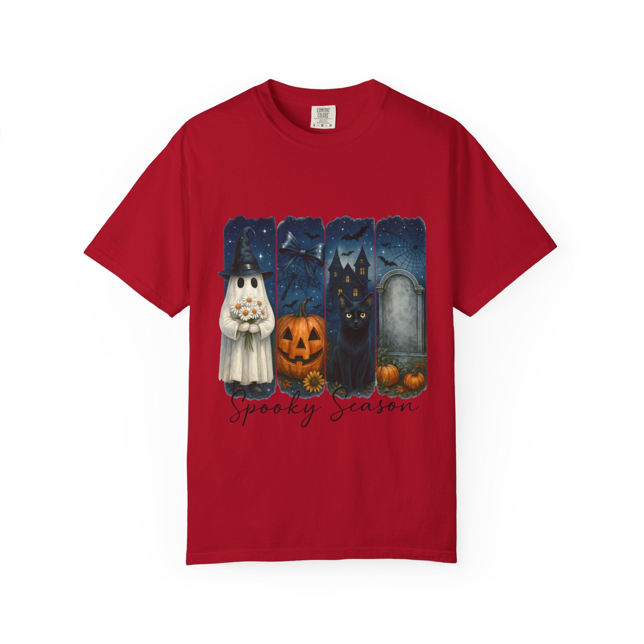 Spooky Season Halloween T-Shirt – Ghost, Black Cat, Pumpkin & Haunted House Design