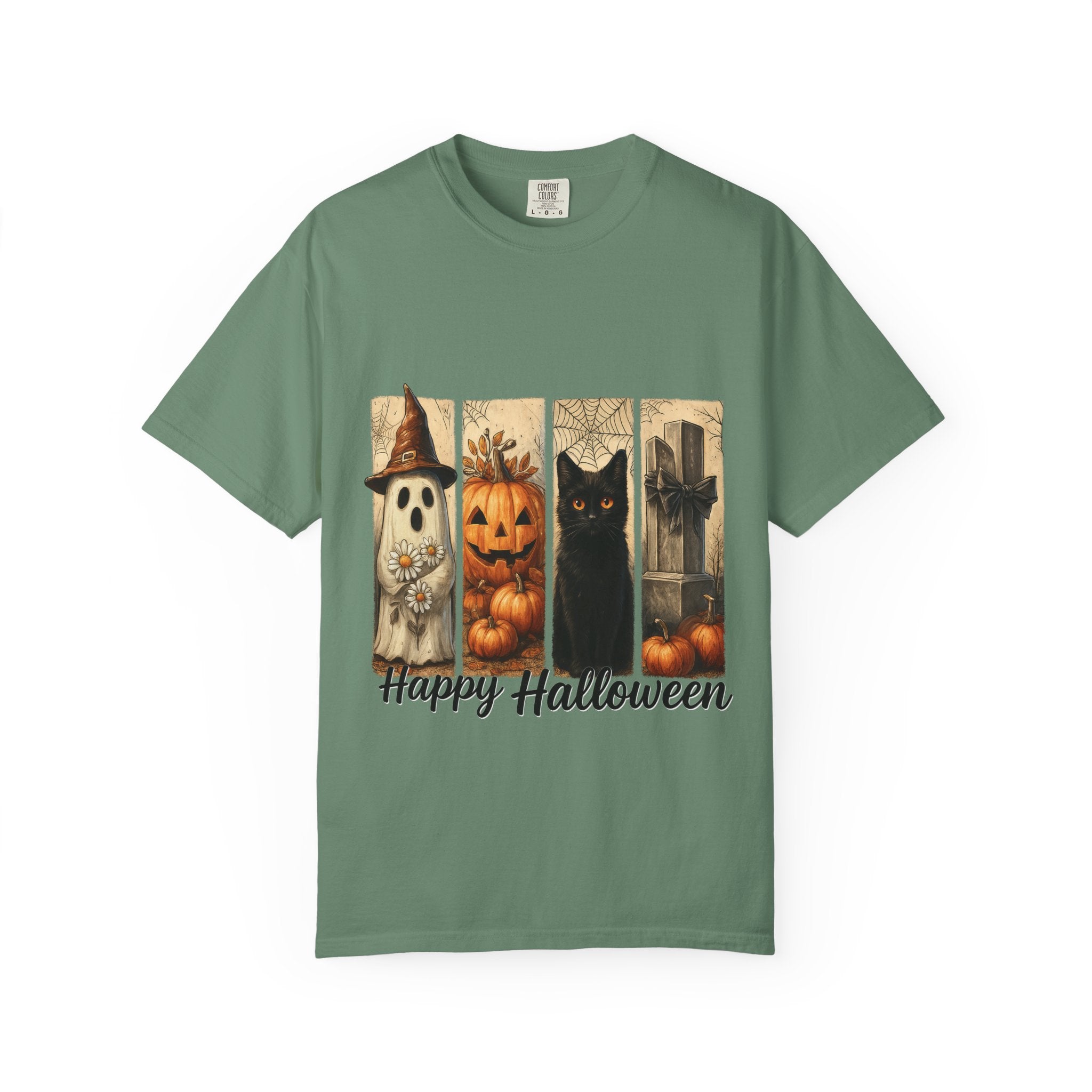 Happy Halloween Unisex T-Shirt – Ghost, Black Cat & Pumpkin Graphic Tee