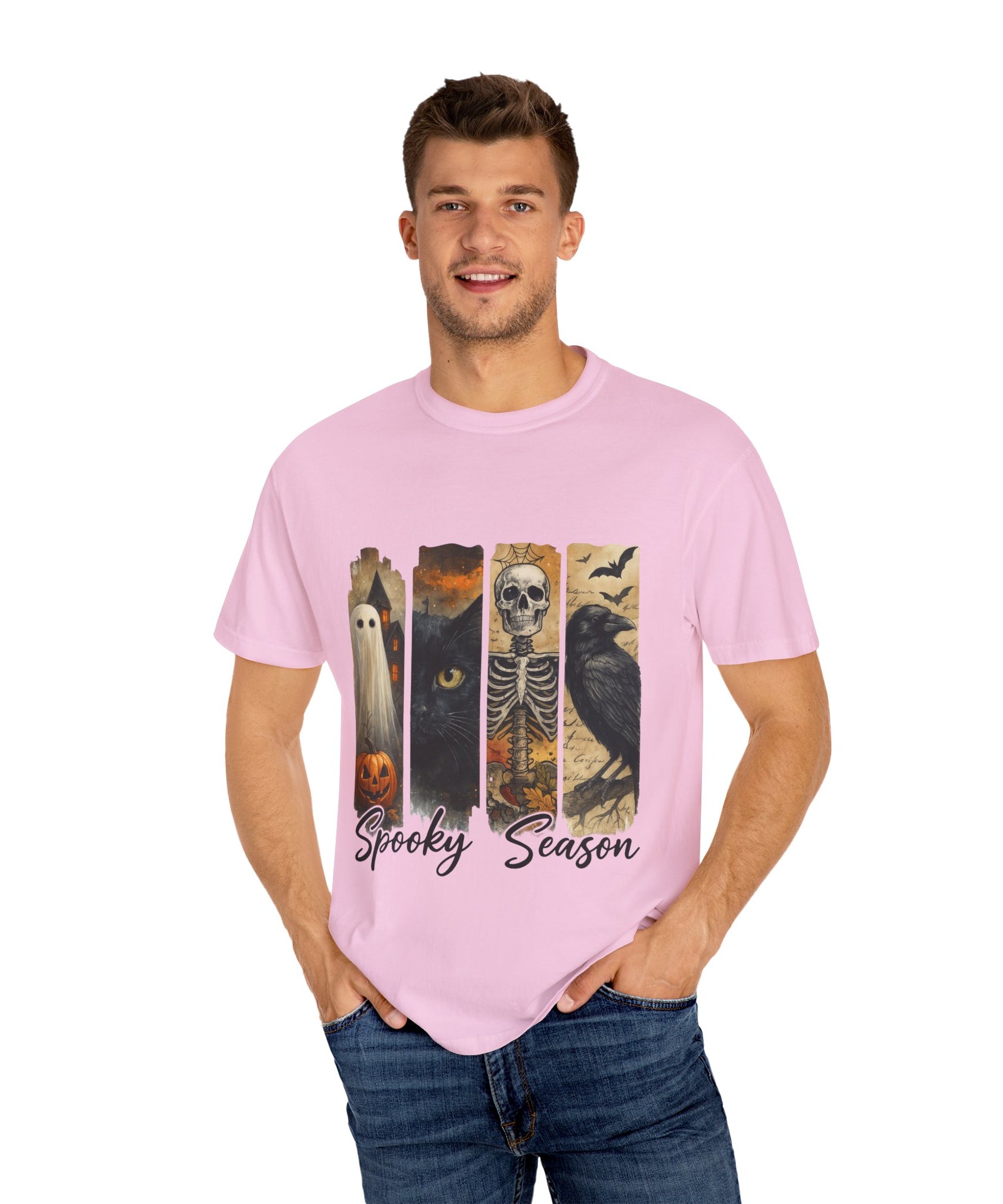 Spooky Season Gothic Halloween T-Shirt – Ghost, Black Cat, Skeleton & Raven Design - Gallory Hive
