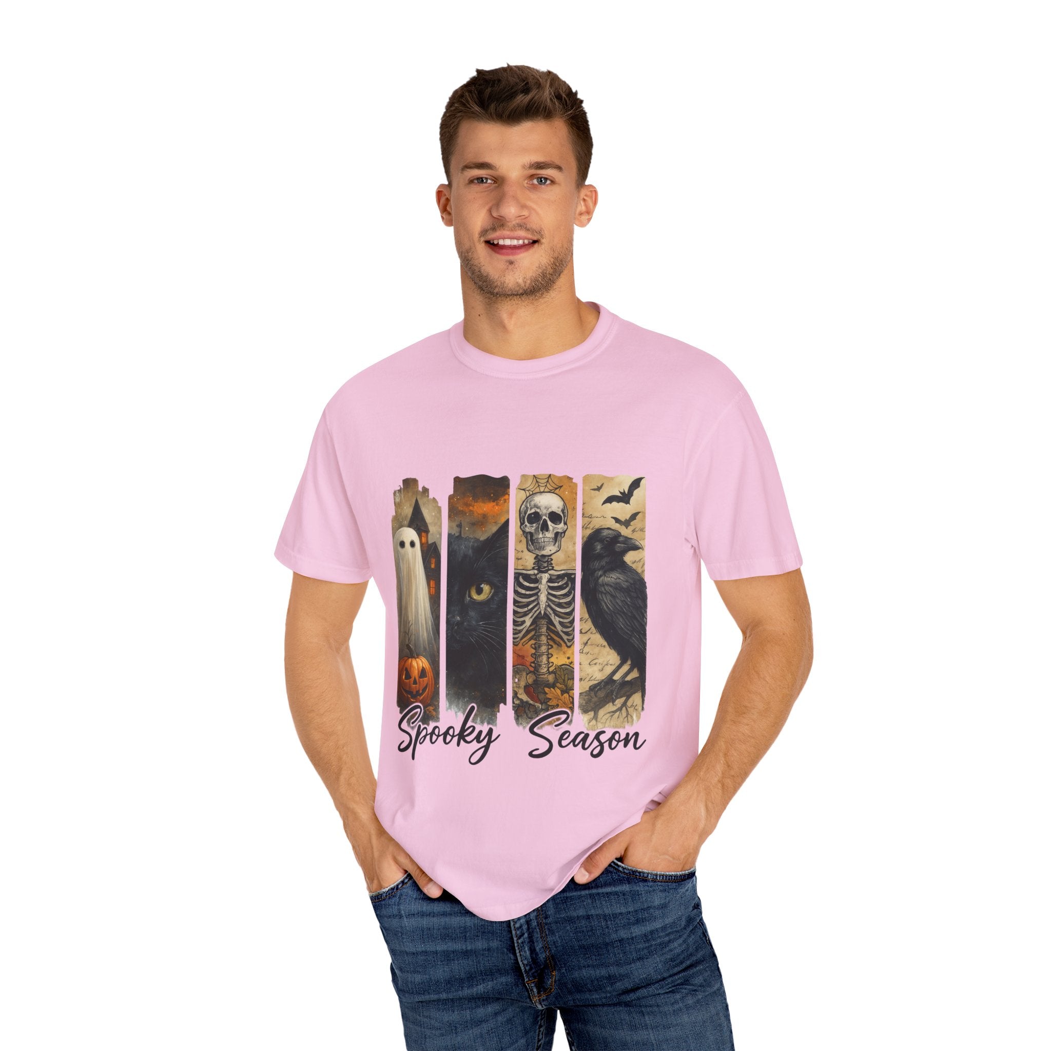 Spooky Season Gothic Halloween T-Shirt – Ghost, Black Cat, Skeleton & Raven Design