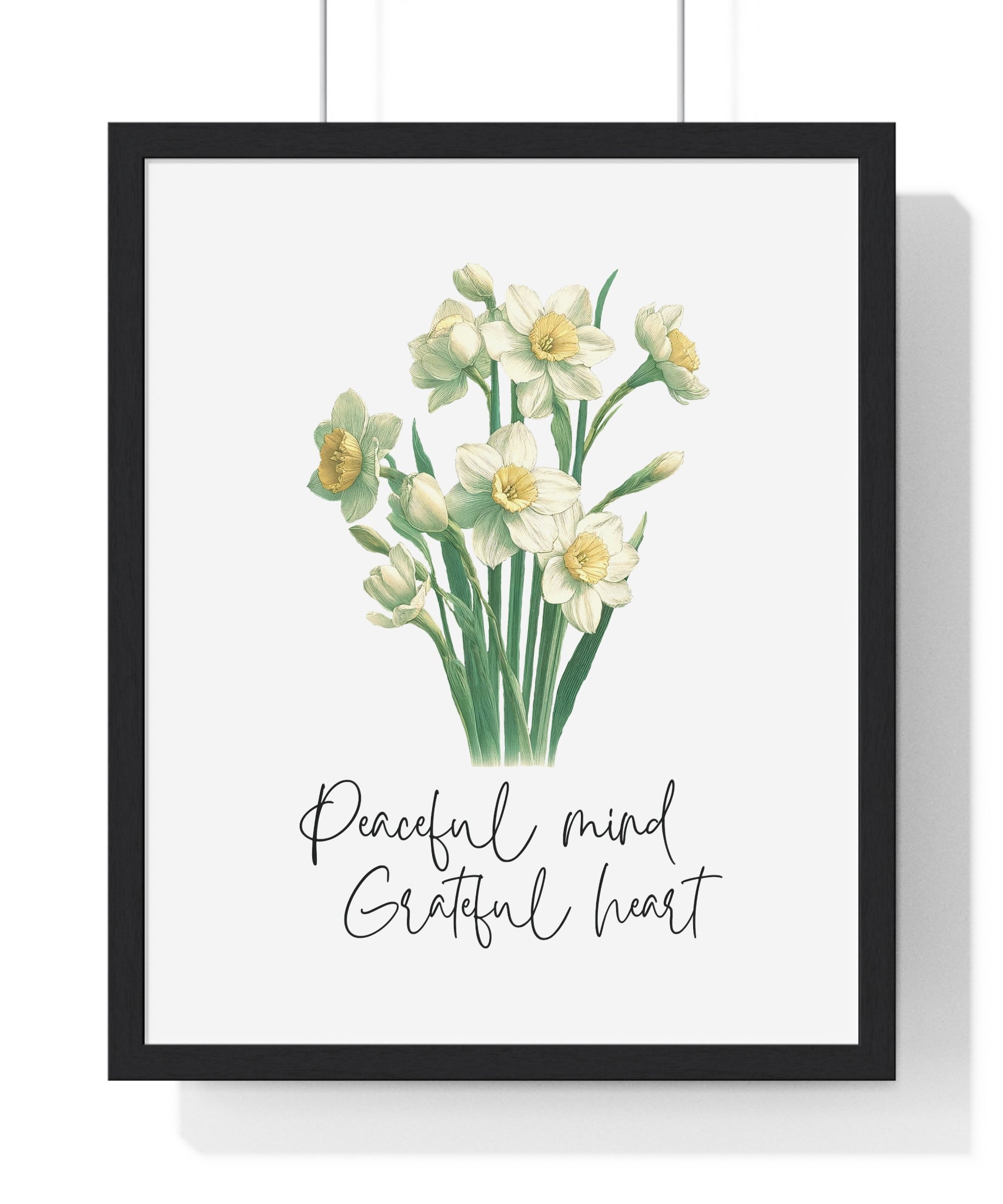 December Birth Month Flower Wall Art – Narcissus Illustration with Inspirational Quote in Wooden Frame | Peaceful Mind & Grateful Heart