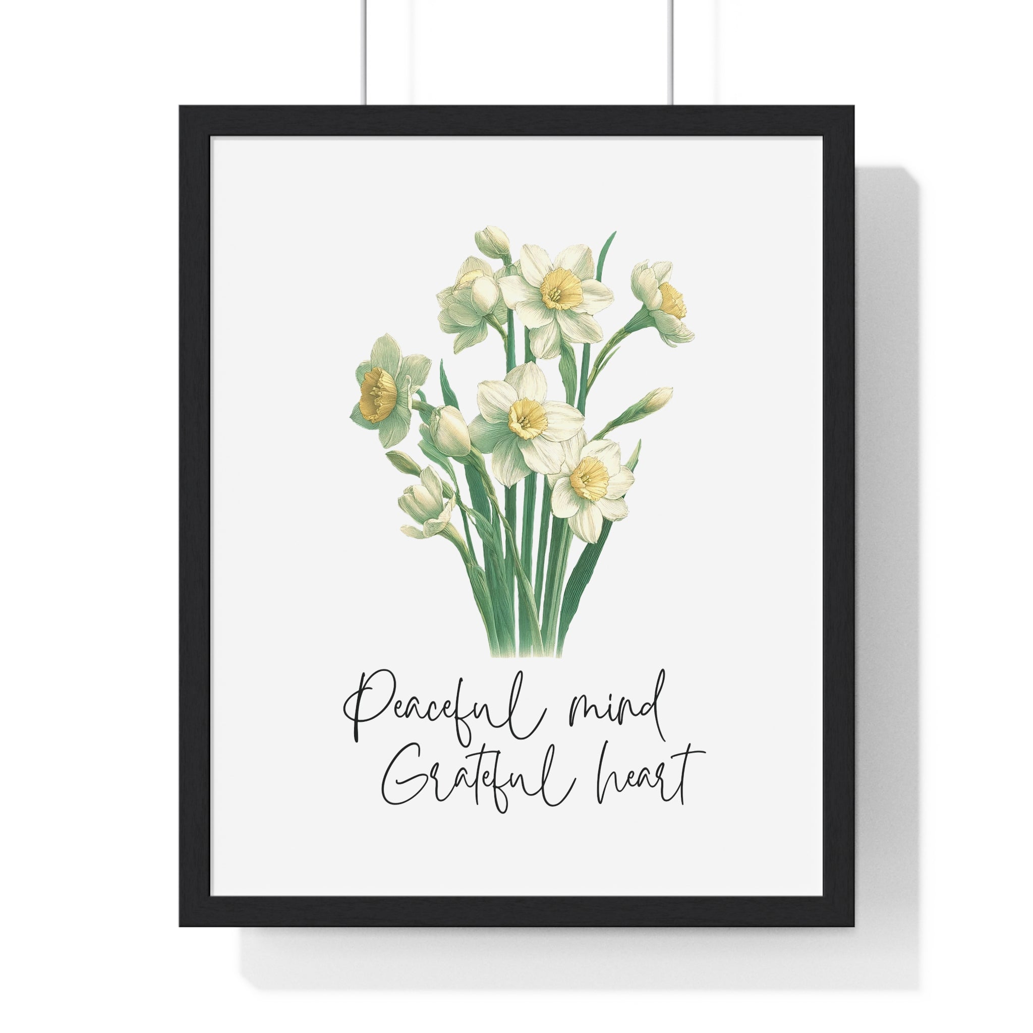 December Birth Month Flower Wall Art – Narcissus Illustration with Inspirational Quote in Wooden Frame | Peaceful Mind & Grateful Heart