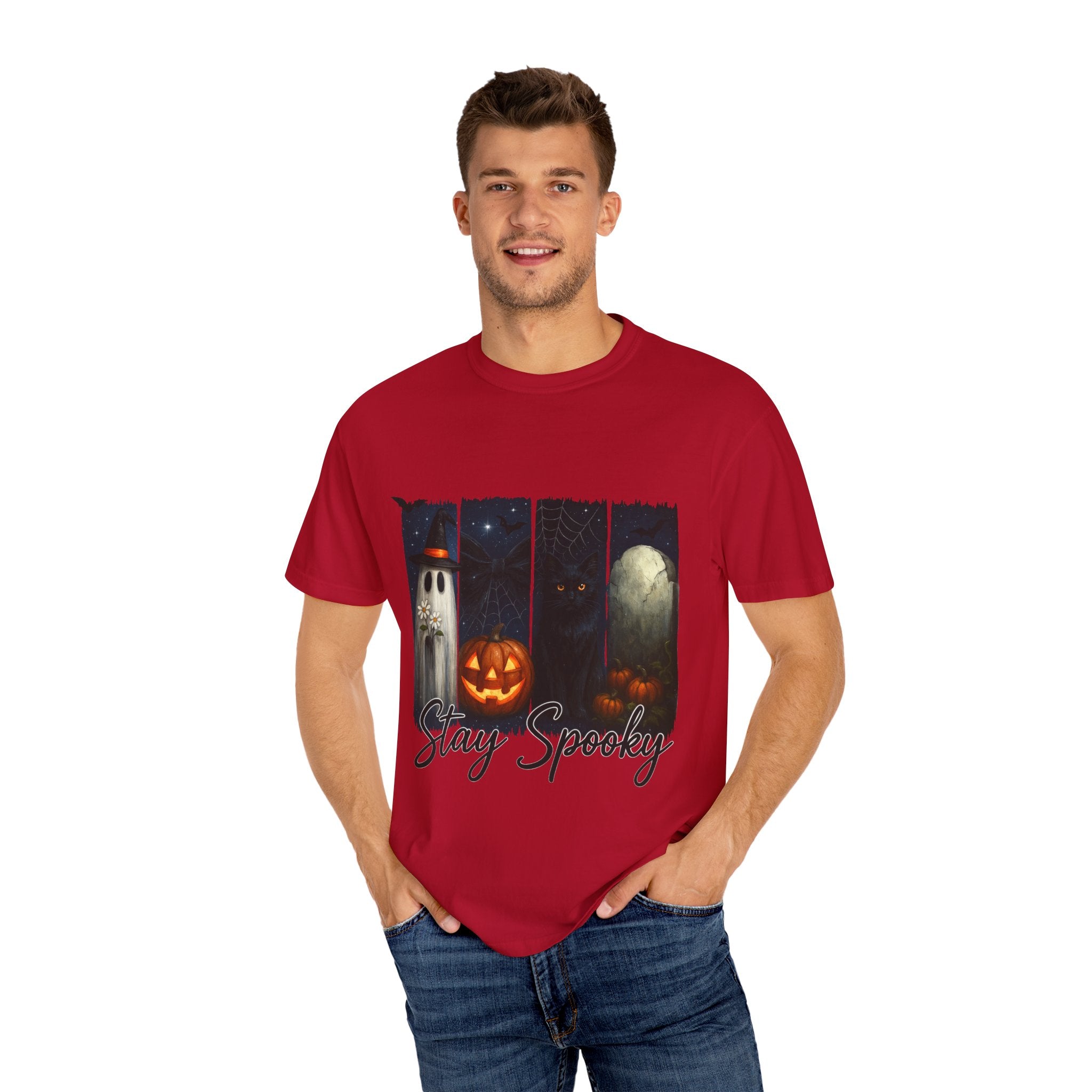 Stay Spooky Halloween T-Shirt – Cute Ghost, Black Cat, Pumpkin & Graveyard Design