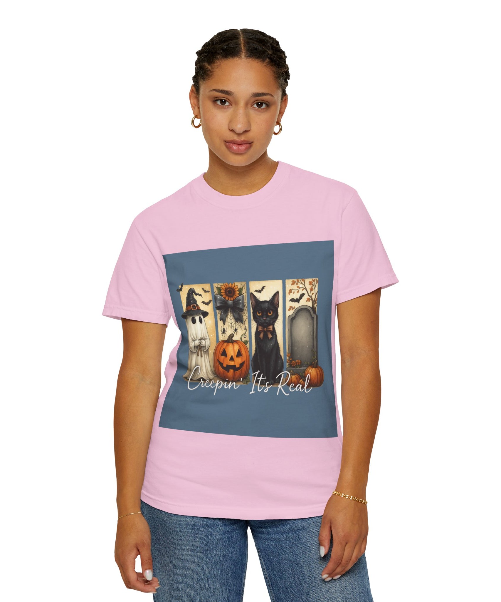 Creepin’ It’s Real Halloween T-Shirt – Cute Ghost, Pumpkin, Black Cat & Tombstone Design - Gallory Hive