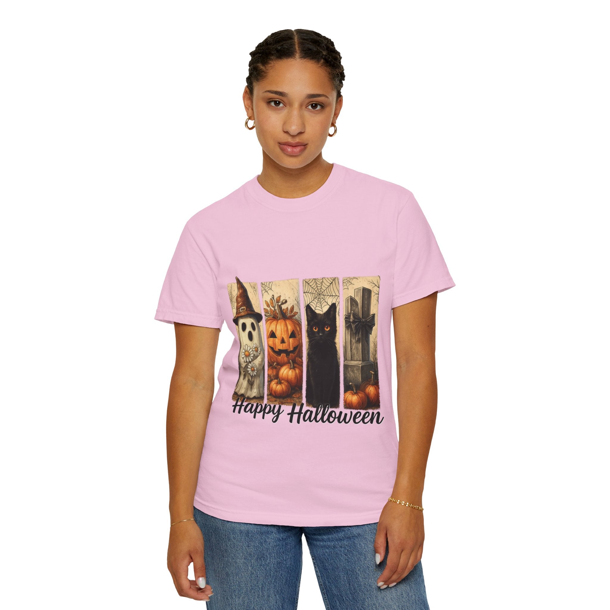 Happy Halloween Unisex T-Shirt – Ghost, Black Cat & Pumpkin Graphic Tee