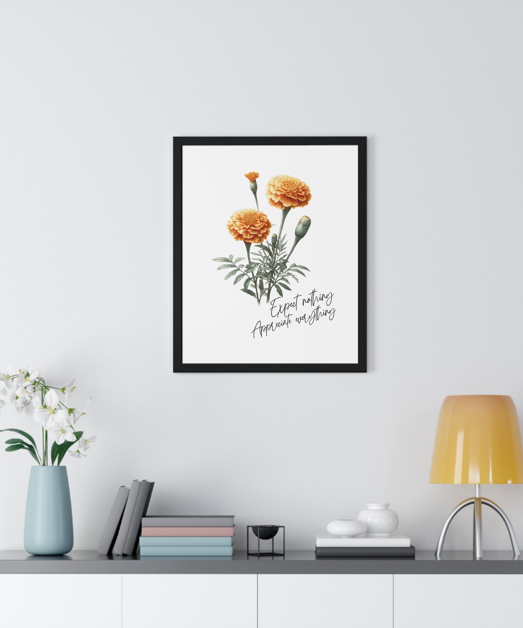 October Birth Month Flower Wall Art – Marigold Illustration with Inspirational Quote in Wooden Frame