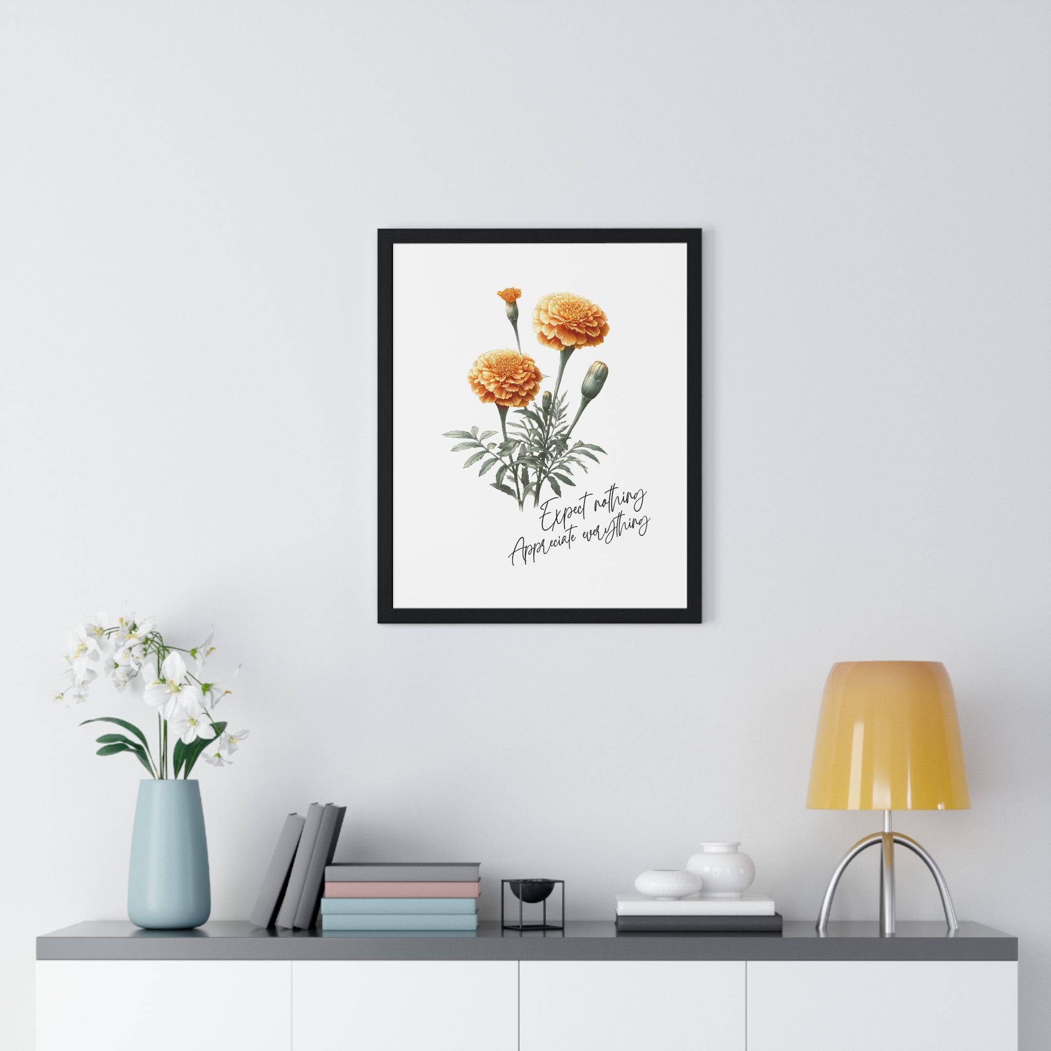October Birth Month Flower Wall Art – Marigold Illustration with Inspirational Quote in Wooden Frame