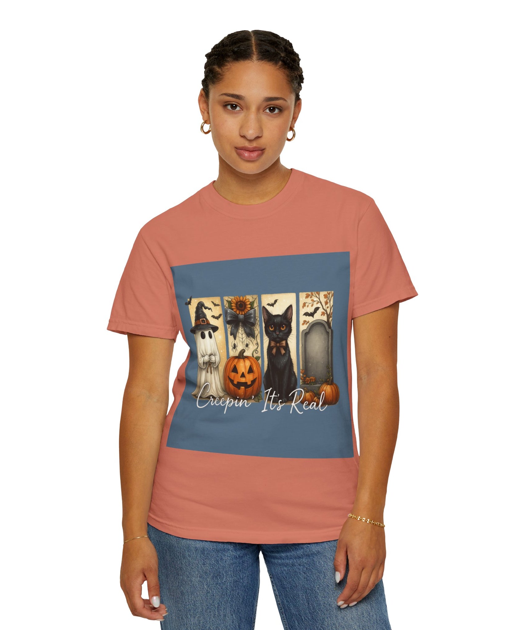 Creepin’ It’s Real Halloween T-Shirt – Cute Ghost, Pumpkin, Black Cat & Tombstone Design - Gallory Hive