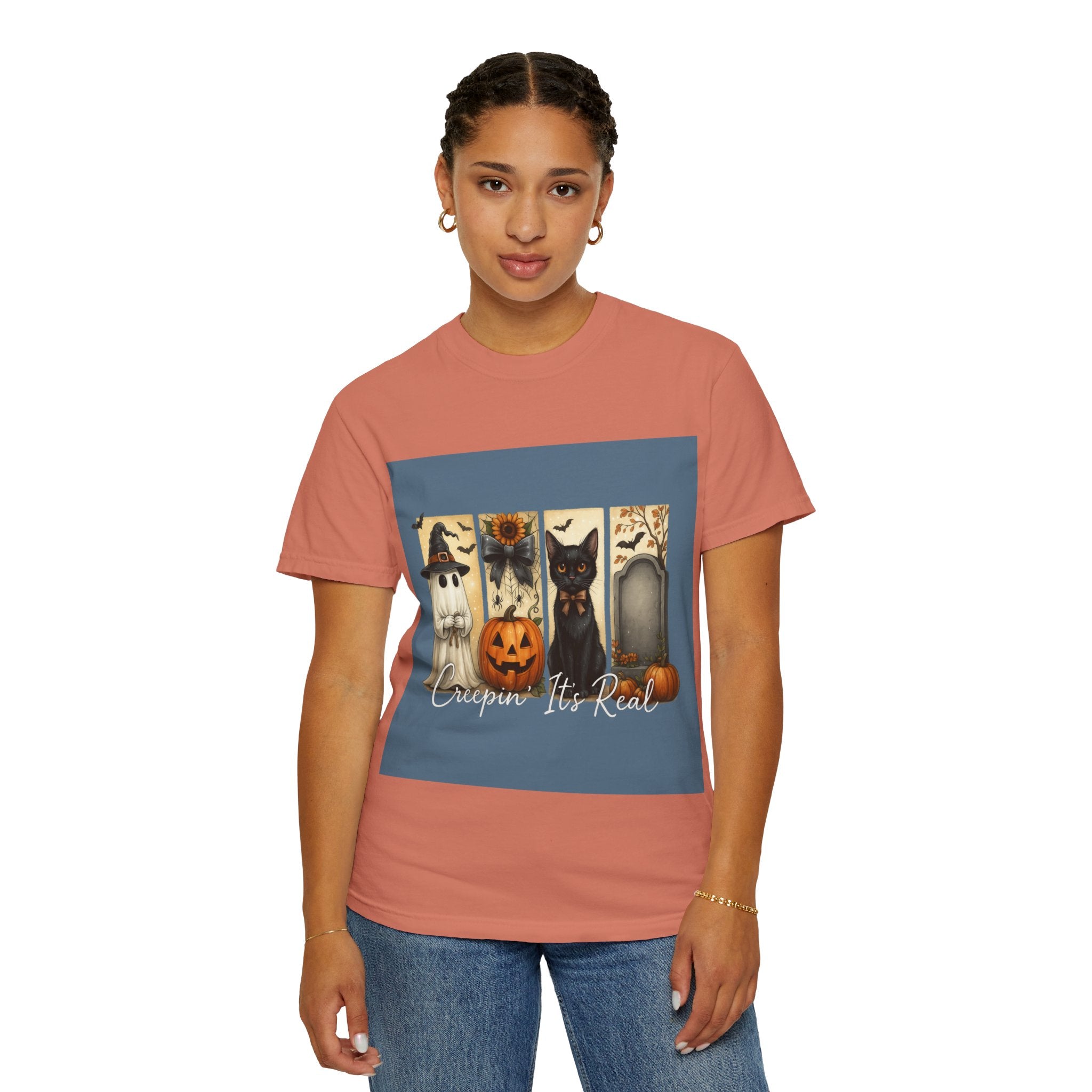 Creepin’ It’s Real Halloween T-Shirt – Cute Ghost, Pumpkin, Black Cat & Tombstone Design