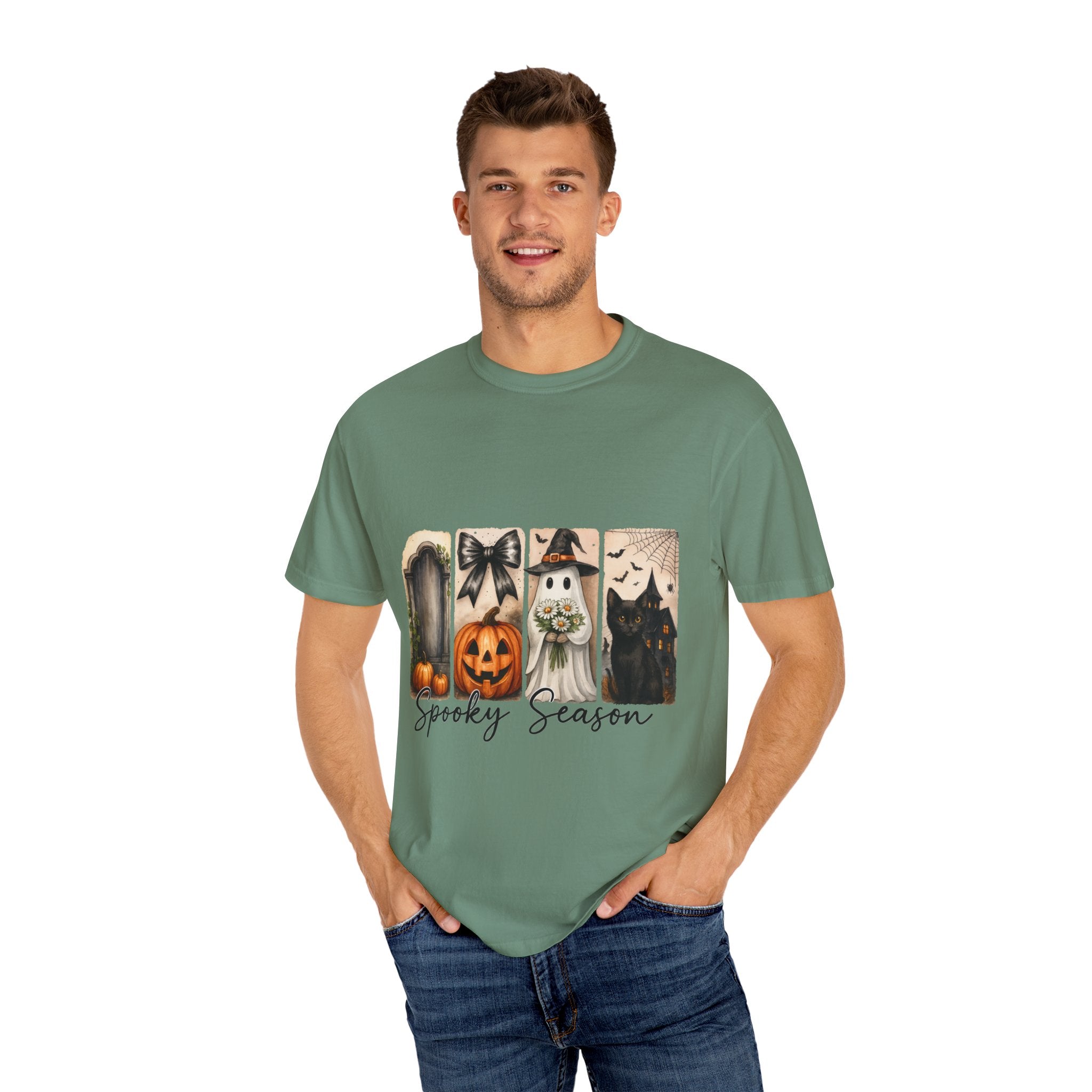 Spooky Season Unisex Halloween T-Shirt – Ghost, Black Cat, Pumpkin & Haunted House Art