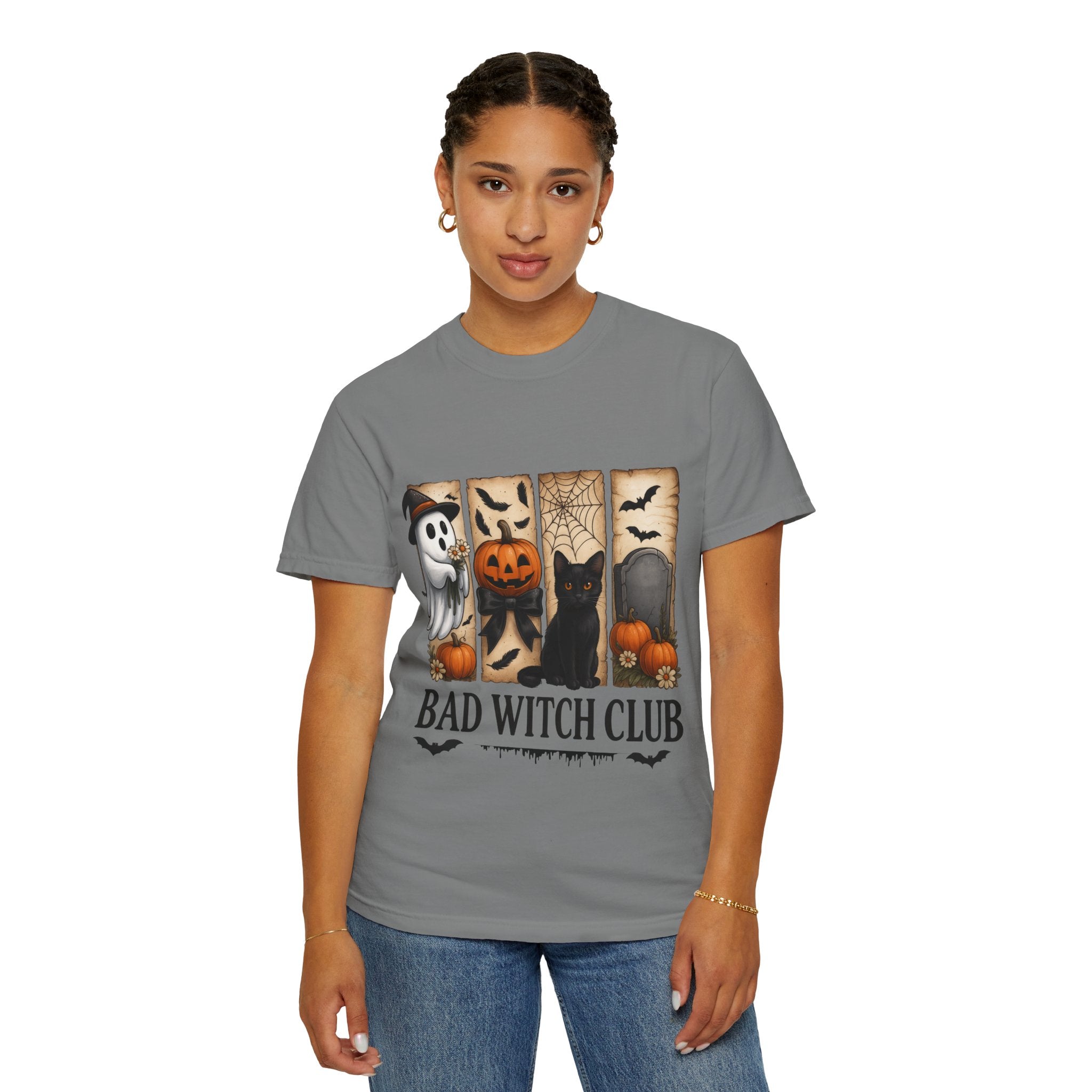 Bad Witch Club Halloween T-Shirt – Cute Ghost, Black Cat, Pumpkin & Spooky Gothic Design