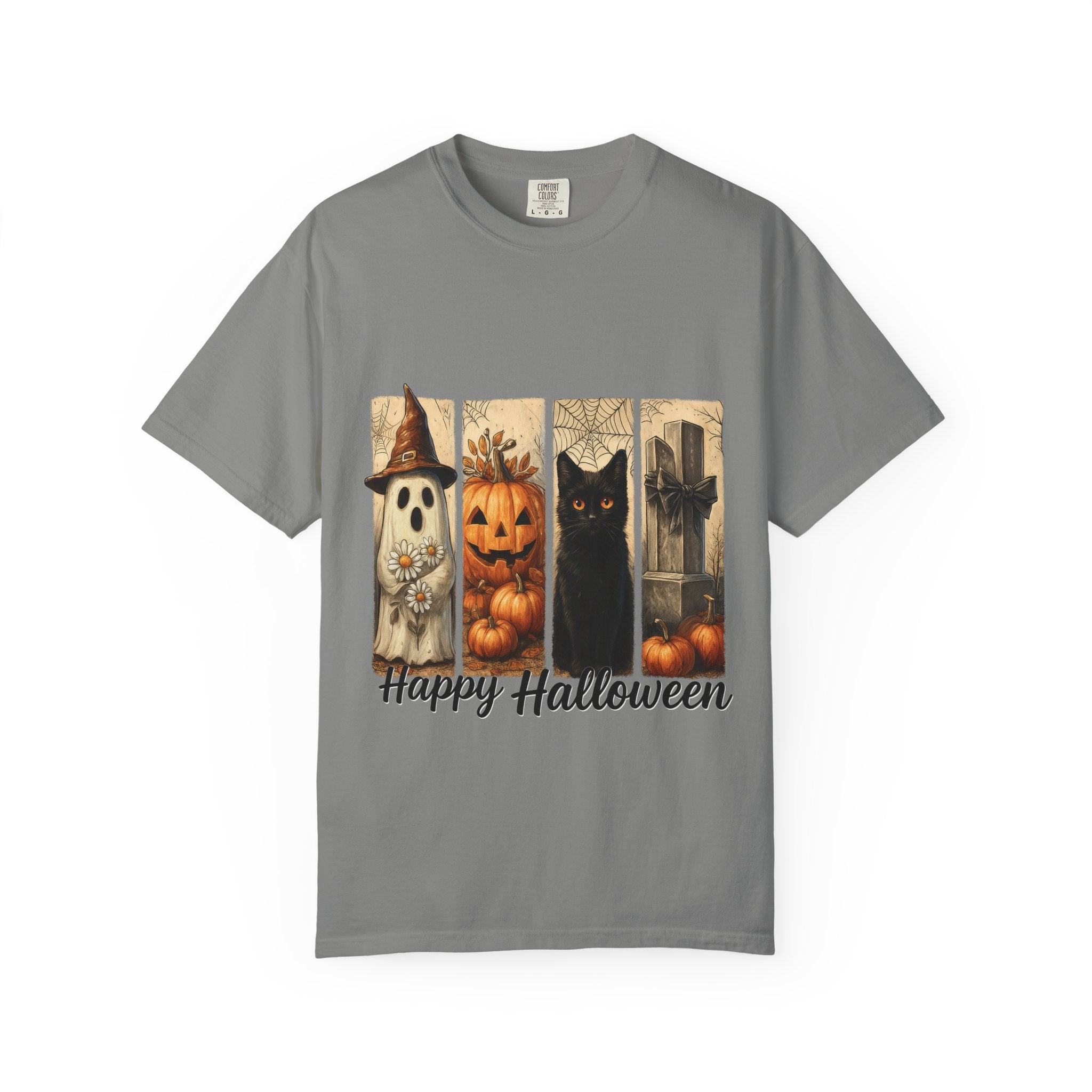 Happy Halloween Unisex T-Shirt – Ghost, Black Cat & Pumpkin Graphic Tee