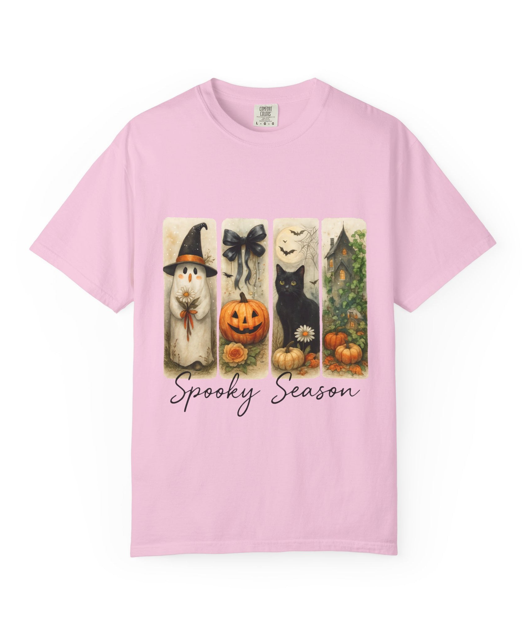 Vintage Halloween Unisex T-Shirt – Cute Ghost, Black Cat, Pumpkin & Haunted House Art - Gallory Hive