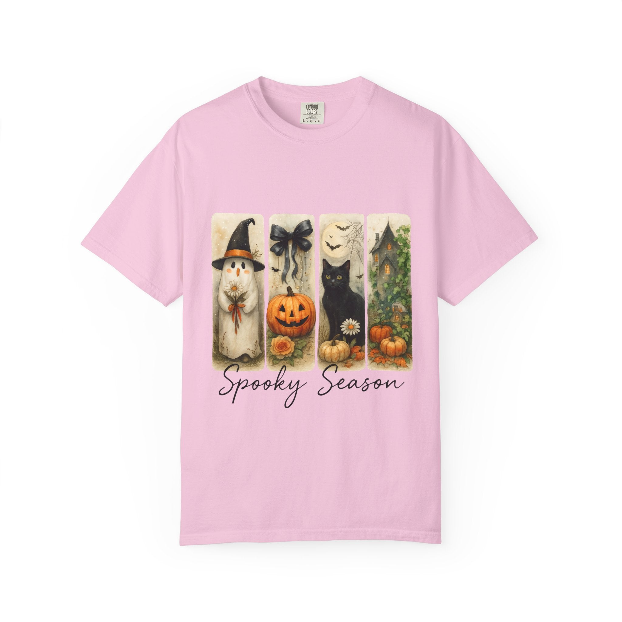 Vintage Halloween Unisex T-Shirt – Cute Ghost, Black Cat, Pumpkin & Haunted House Art