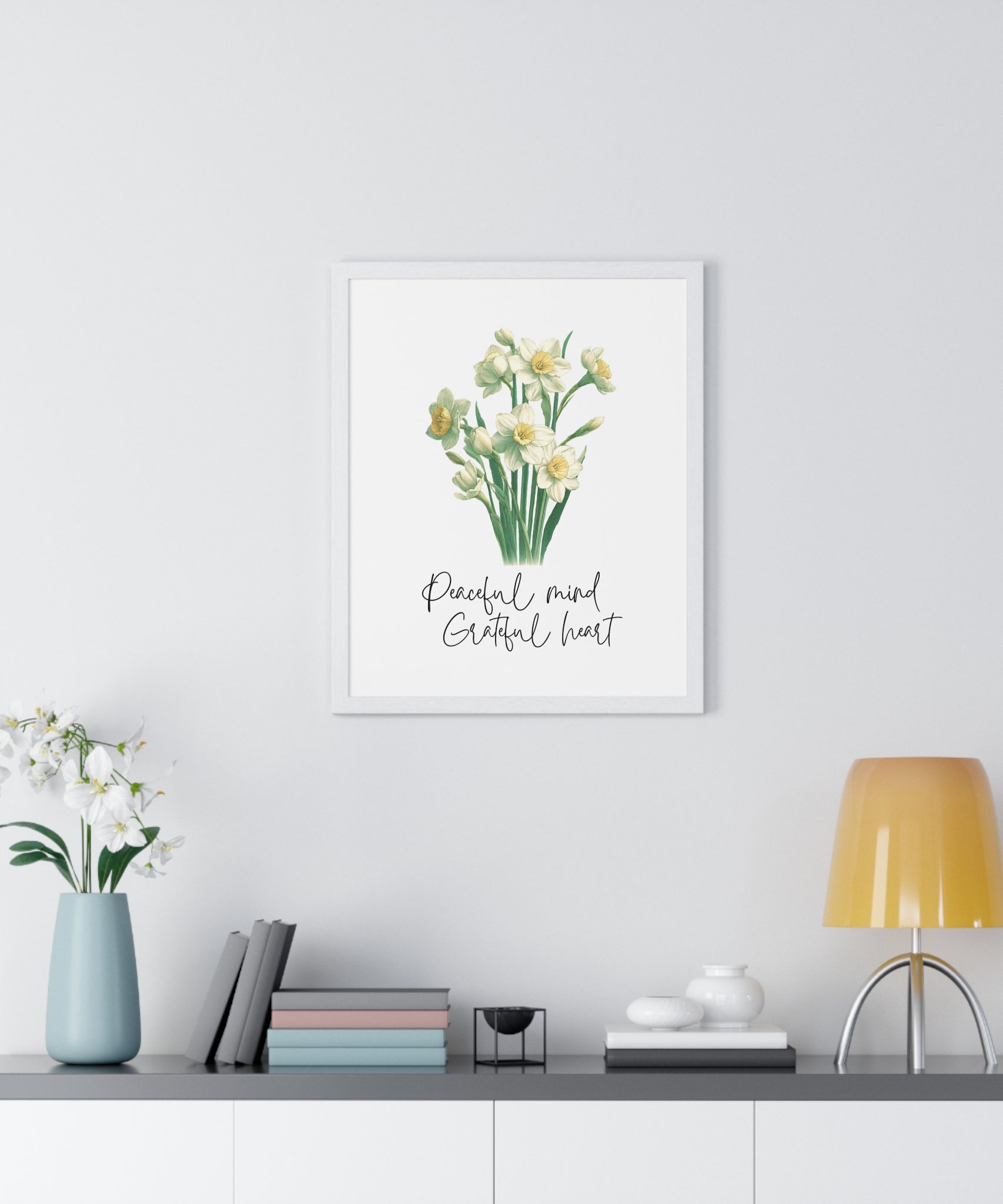 December Birth Month Flower Wall Art – Narcissus Illustration with Inspirational Quote in Wooden Frame | Peaceful Mind & Grateful Heart