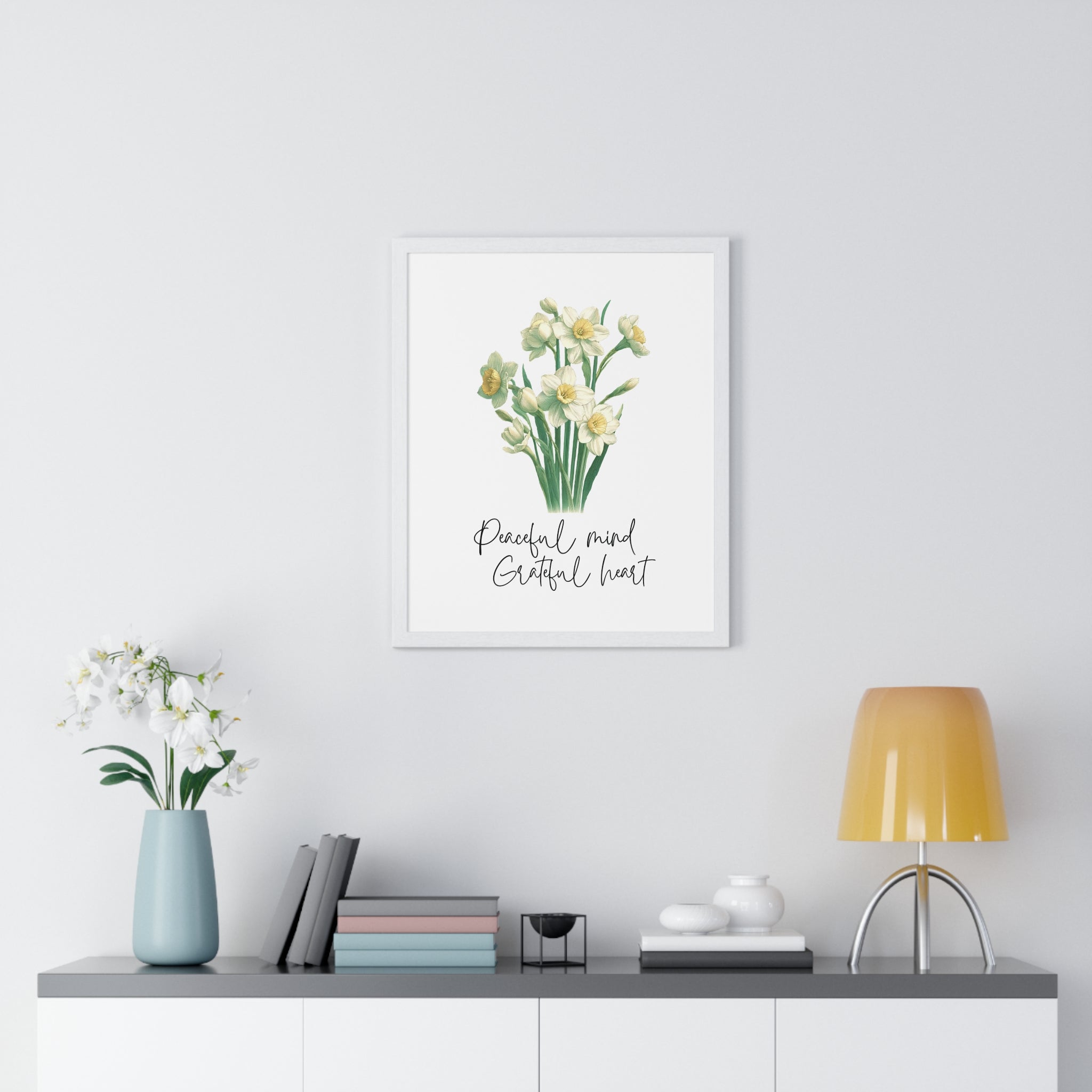 December Birth Month Flower Wall Art – Narcissus Illustration with Inspirational Quote in Wooden Frame | Peaceful Mind & Grateful Heart