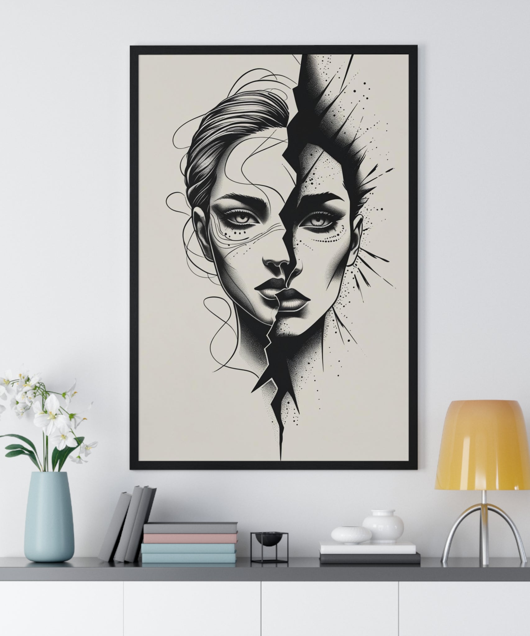 Framed Art Print, Modern Wall Decor, Home Office Gift, Minimalist Split Face Poster, Stylish Artwork - Gallory Hive