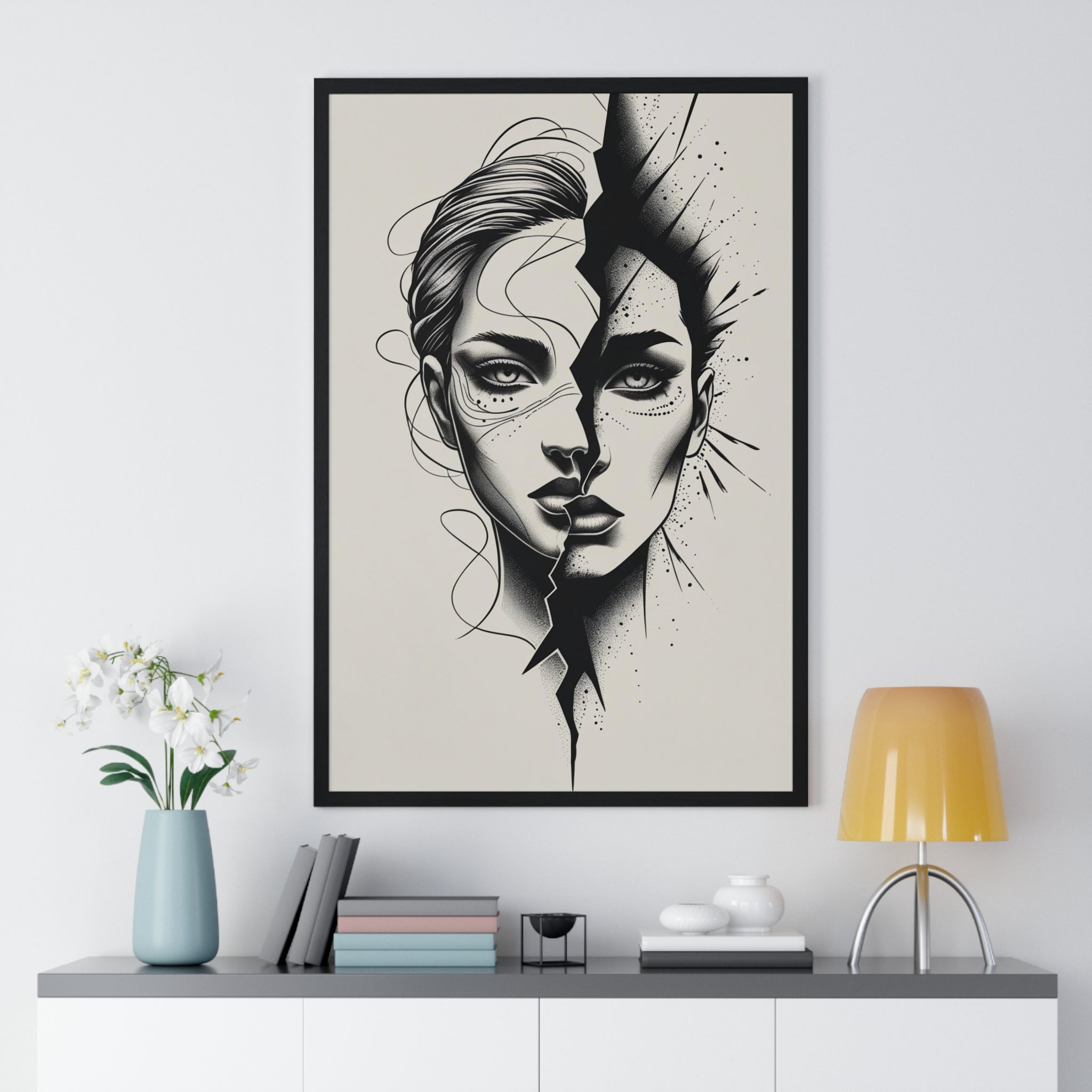 Framed Art Print, Modern Wall Decor, Home Office Gift, Minimalist Split Face Poster, Stylish Artwork
