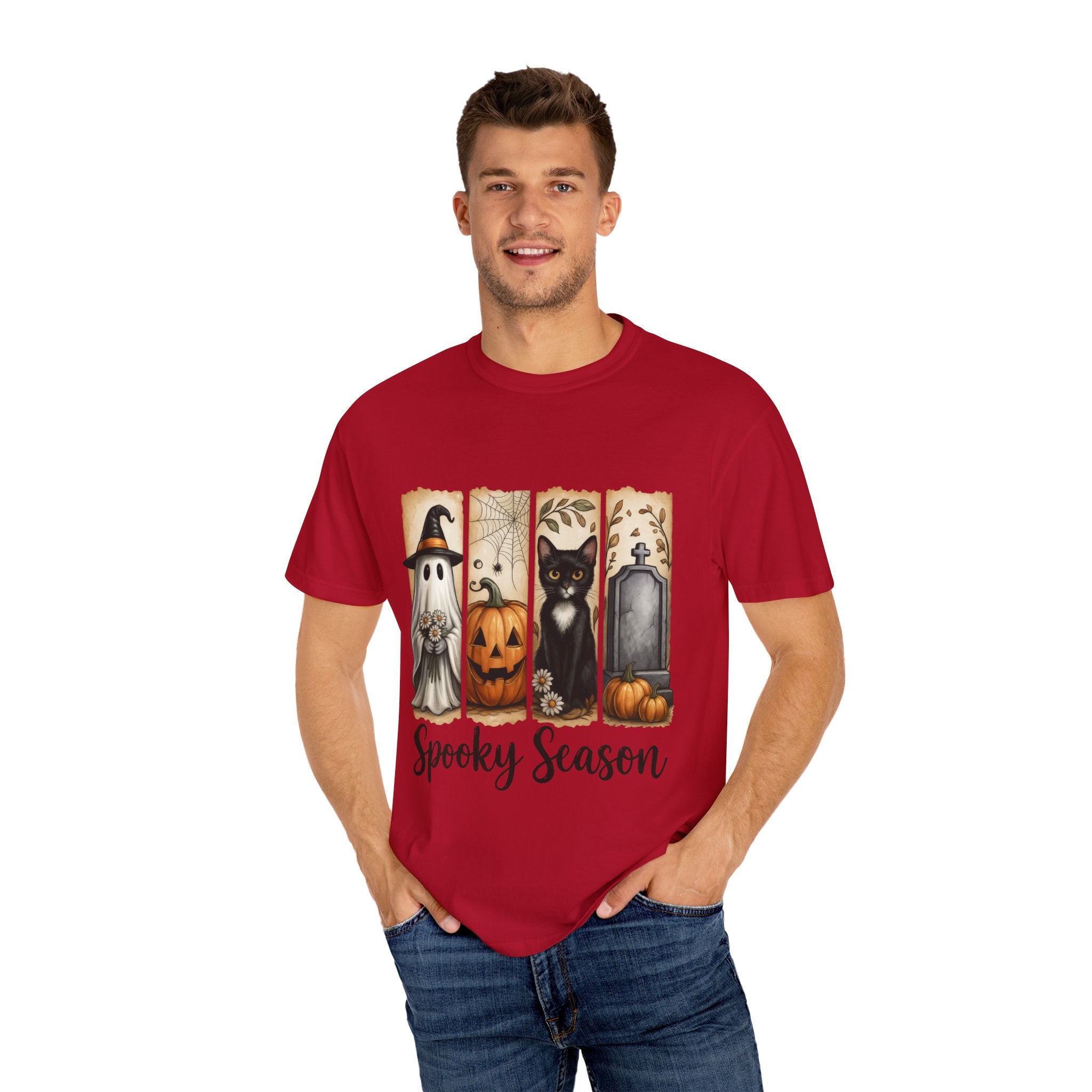 Spooky Season Halloween Unisex T-Shirt – Ghost, Cat & Pumpkin Design