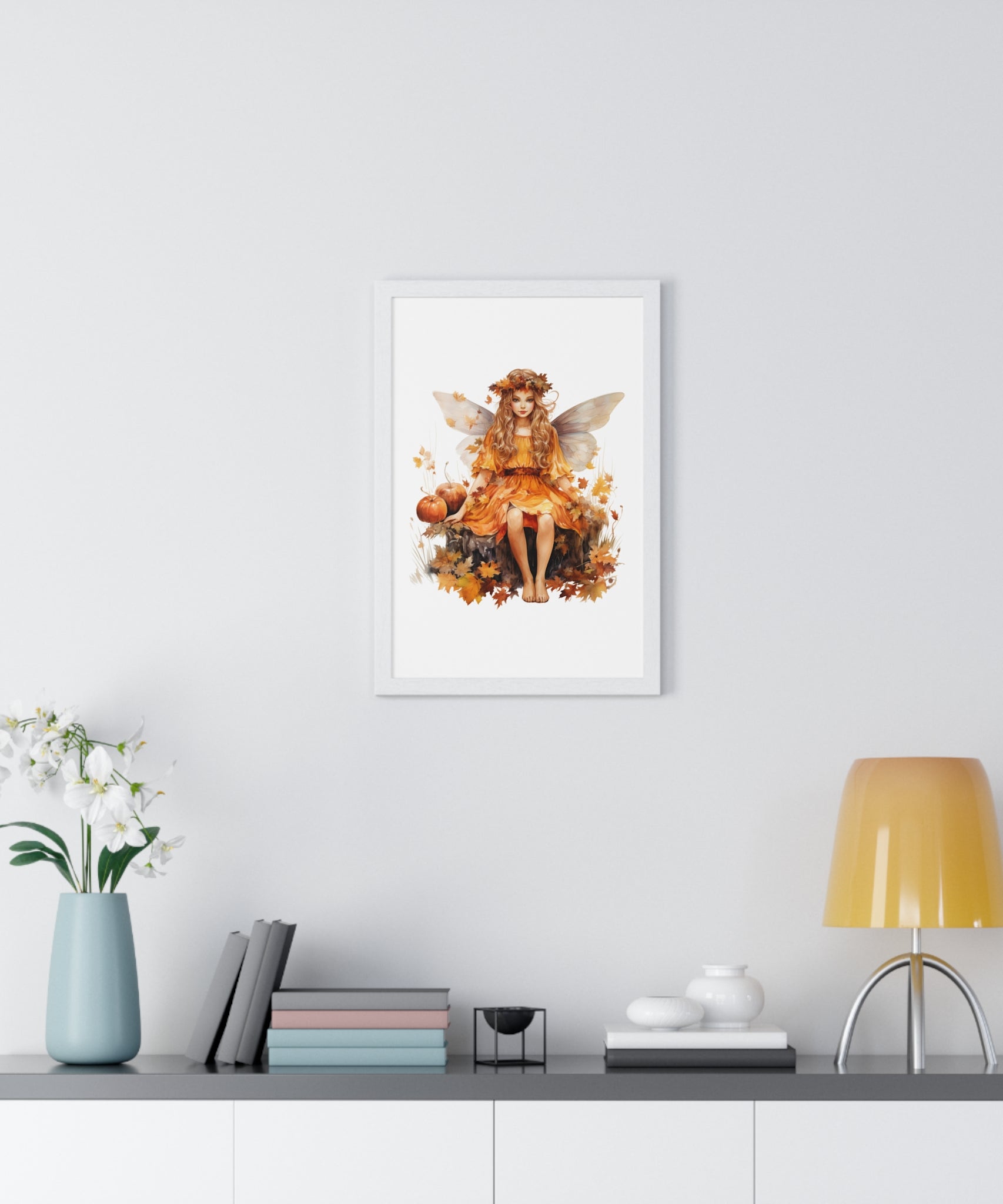 Fall Fairy Wall Art – Orange Dress Woodland Fairy with Pumpkins | Wooden Frame Poster for Autumn Home Decor