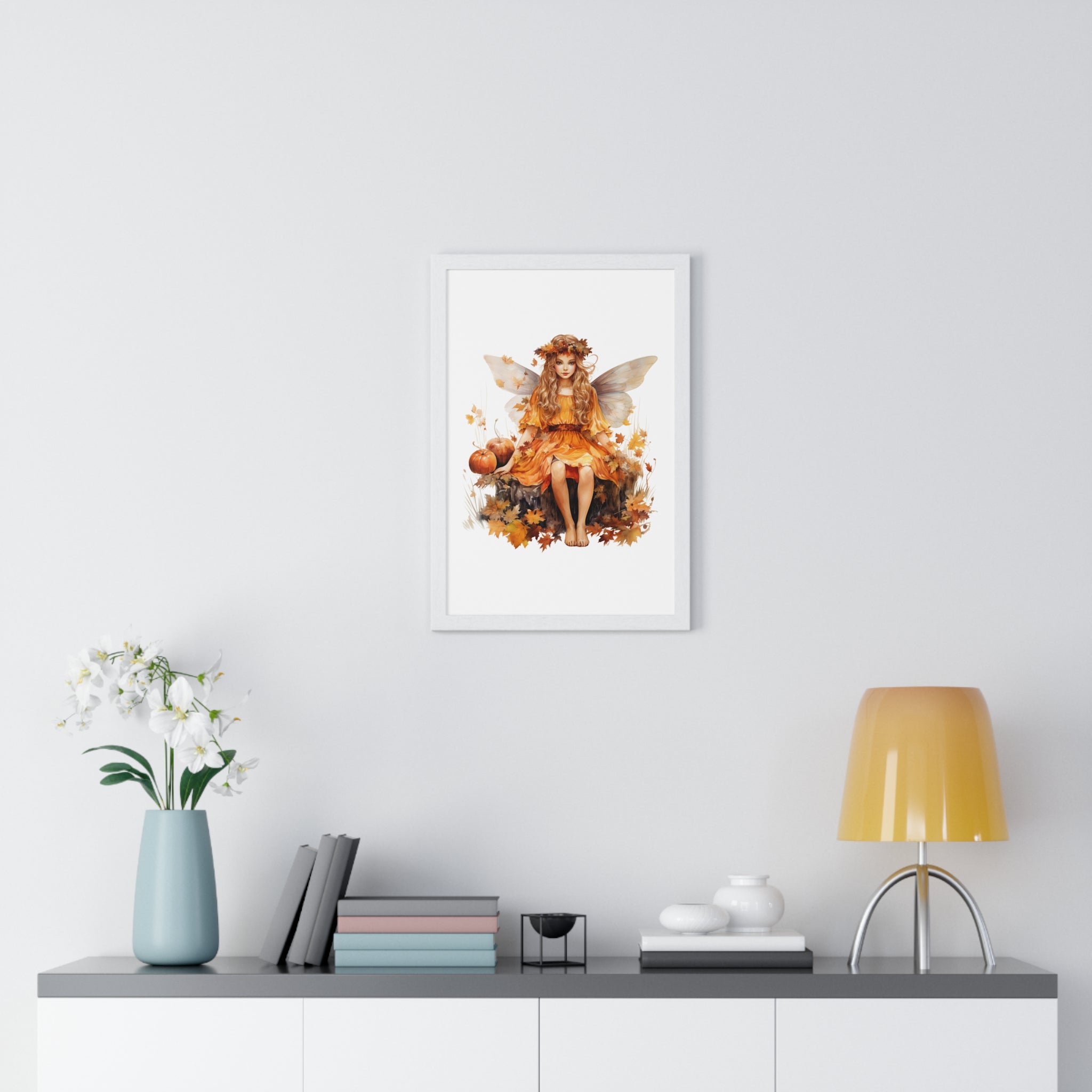 Fall Fairy Wall Art – Orange Dress Woodland Fairy with Pumpkins | Wooden Frame Poster for Autumn Home Decor