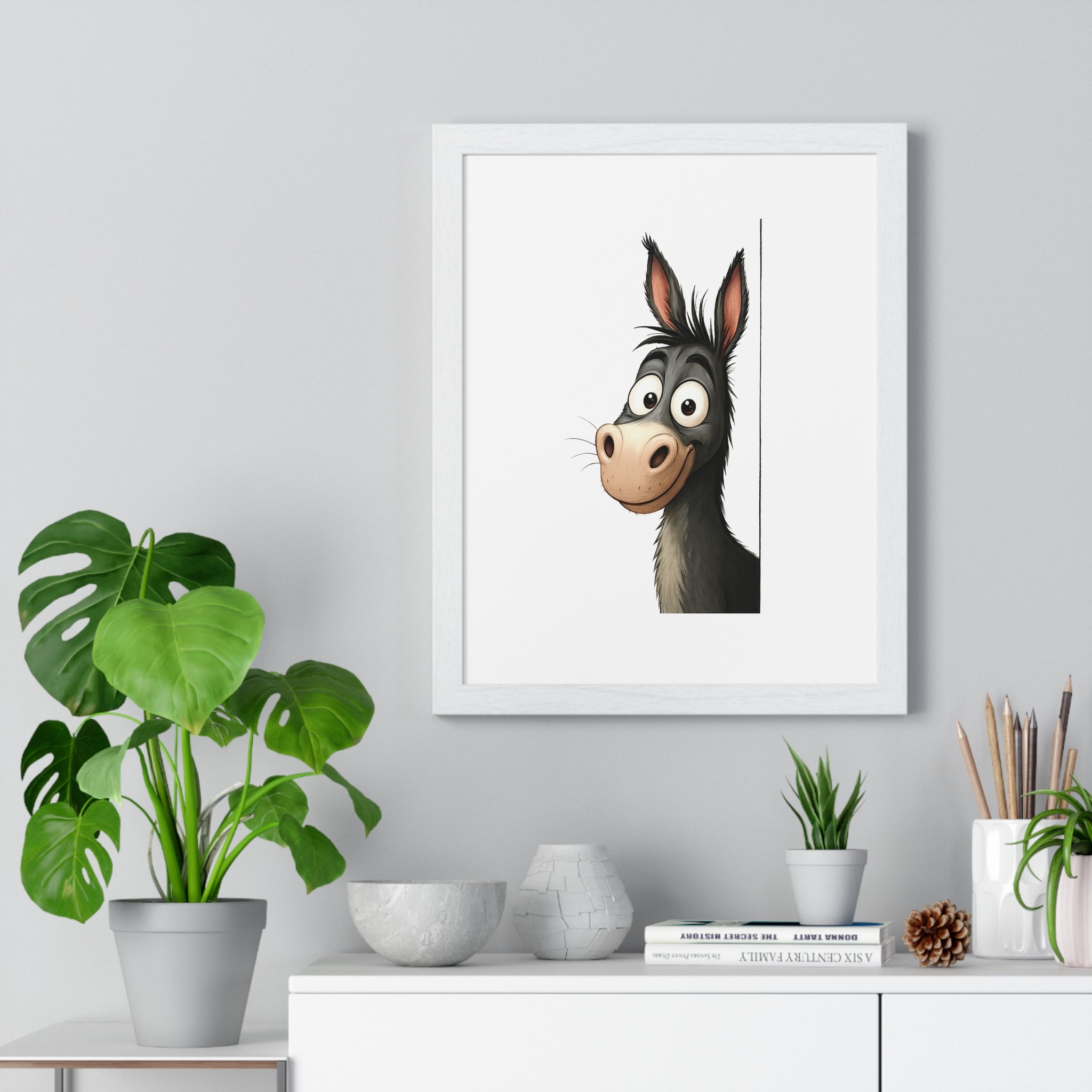 Wooden Frame Wall Decor with Goofy Donkey Print